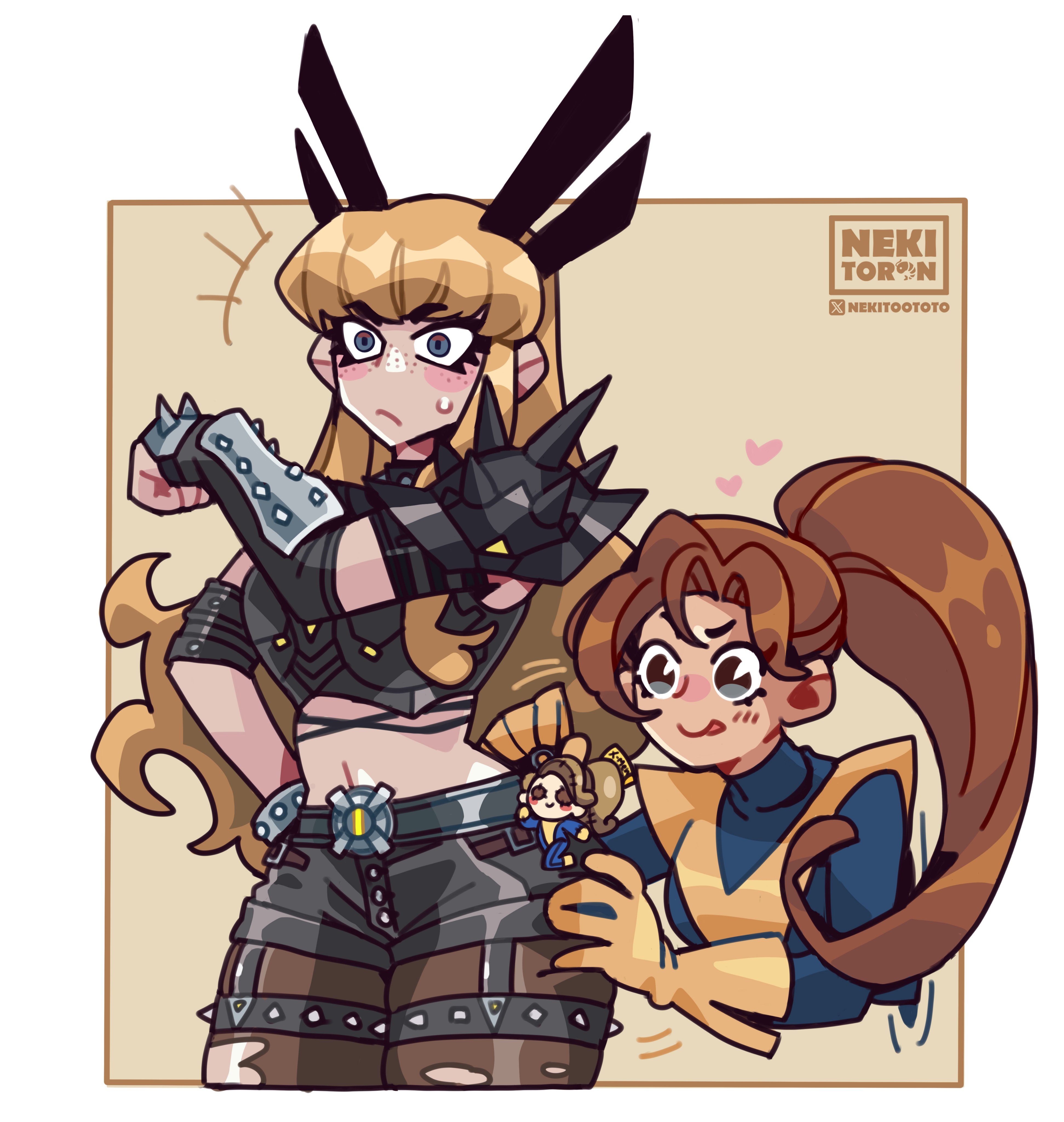 nekitoron, kitty pryde, magik (x-men), marvel, marvel rivals, x-men, absurdres, highres, 2girls, animification, black gloves, blonde hair, blue eyes, breasts, cleavage, clothing cutout, crop top, gloves, holding, intangible, long hair, midriff, multiple girls, navel, short shorts, shorts, smile, spikes, superhero costume, toy, yellow gloves