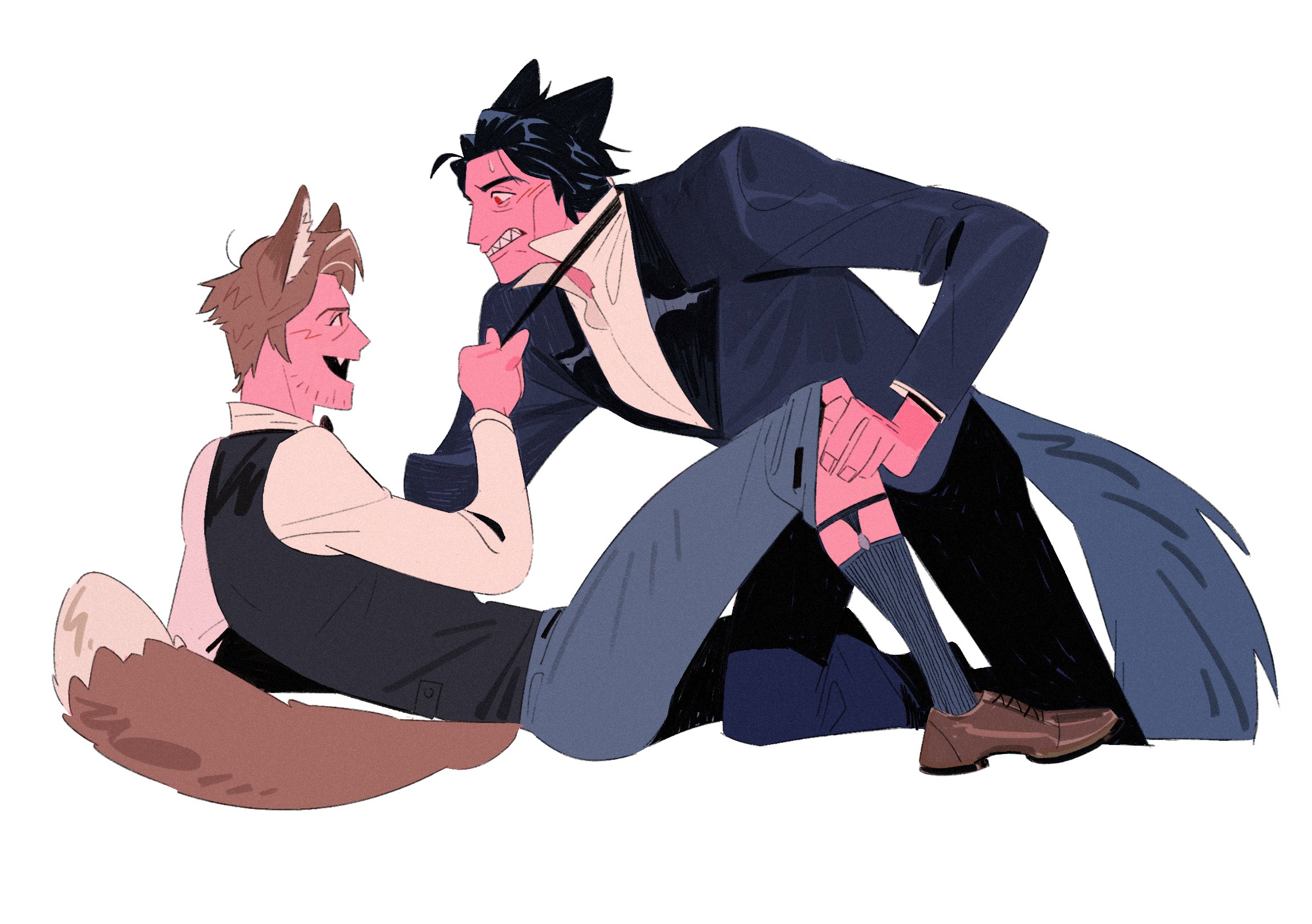 dingnin98201637, miguel o'hara, peter b parker, marvel, spider-man: across the spider-verse, spider-man (series), spider-verse, commentary, highres, symbol-only commentary, 2boys, animal ears, black hair, black jacket, black necktie, black pants, black socks, black vest, brown hair, brown shoes, clenched teeth, clothes grab, collared shirt, dress shoes, eye contact, fox ears, fox tail, grey pants, hand on another's leg, jacket, kemonomimi mode, lapels, layered sleeves, legwear garter, looking at another, male focus, multicolored hair, multiple boys, necktie, necktie grab, neckwear grab, open collar, pants, sharp teeth, shirt, shoes, short hair, socks, streaked hair, suit jacket, tail, teeth, vest, white shirt, wolf boy, wolf ears, wolf tail, yaoi