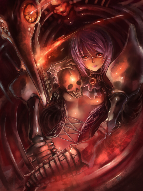 edobox, original, 1girl, breasts, cleavage, female focus, glasses, large breasts, navel, necromancer, purple hair, short hair, skull, smile, solo, underboob