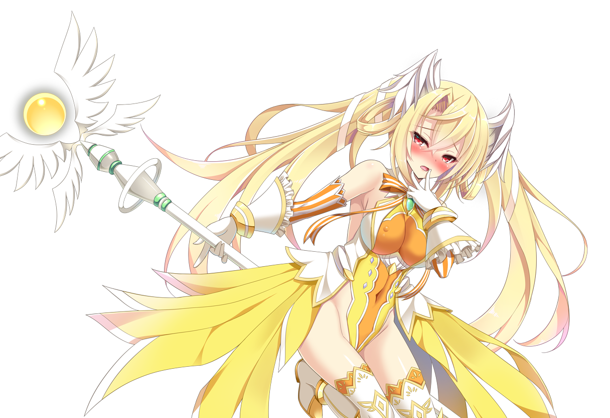 chikubi (artist), kusarou, mahou shoujo inori, game cg, large variant set, non-web source, official art, variant set, 1girl, bare shoulders, blonde hair, blush, boots, bow, breasts, chest jewel, covered erect nipples, covered navel, detached sleeves, elbow gloves, gloves, hair ribbon, hair rings, head wings, heart, heart-shaped pupils, highleg, highleg leotard, holding, holding staff, holding wand, impossible clothes, impossible leotard, large breasts, leotard, long hair, looking at viewer, magical girl, mamiya seira, nose blush, open mouth, orb, red eyes, ribbon, showgirl skirt, skin tight, solo, staff, standing, striped clothes, symbol-shaped pupils, thigh boots, thighhighs, transparent background, twintails, very long hair, wand, white gloves, white ribbon, wings, yellow leotard