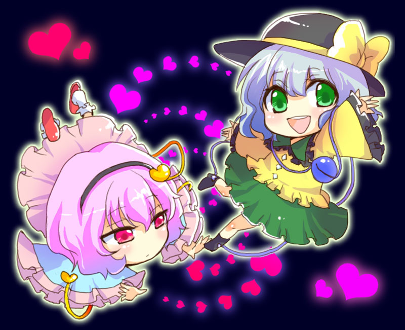 maki (maki88), komeiji koishi, komeiji satori, touhou, 2girls, chibi, female focus, hat, heart, multiple girls, ribbon, siblings, sisters
