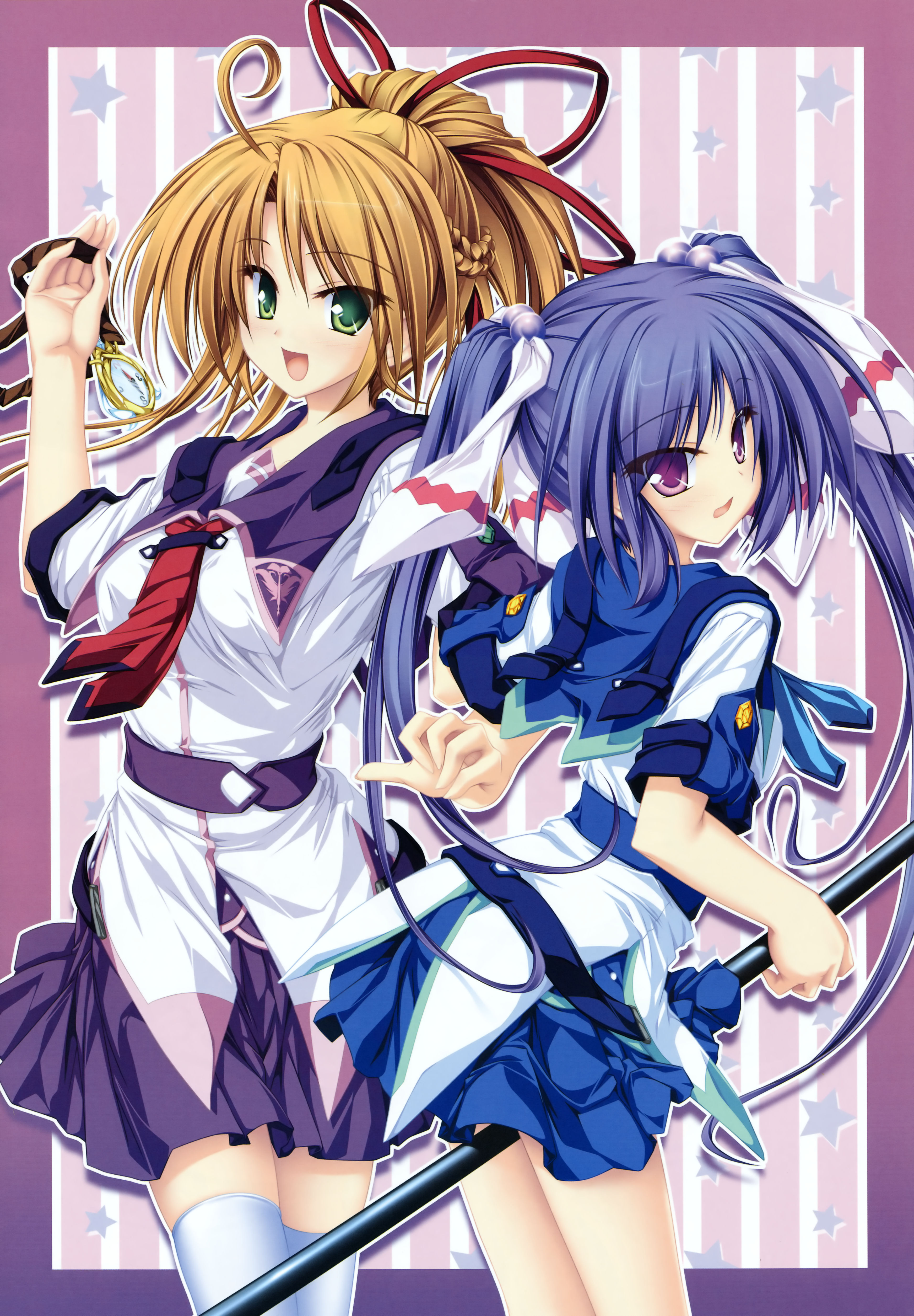 tenmaso, hoshiba sora, narukami aoi, 77: and the two stars meet again, absurdres, highres, 2girls, blue hair, brown hair, green eyes, hair ribbon, multiple girls, purple eyes, ribbon, school uniform, twintails