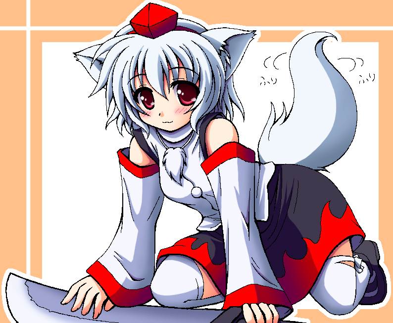 nagana sayui, inubashiri momiji, touhou, 1girl, :3, all fours, animal ears, detached sleeves, female focus, hat, red eyes, short hair, solo, sword, tail, thighhighs, tokin hat, weapon, white hair, wolf ears, wolf tail
