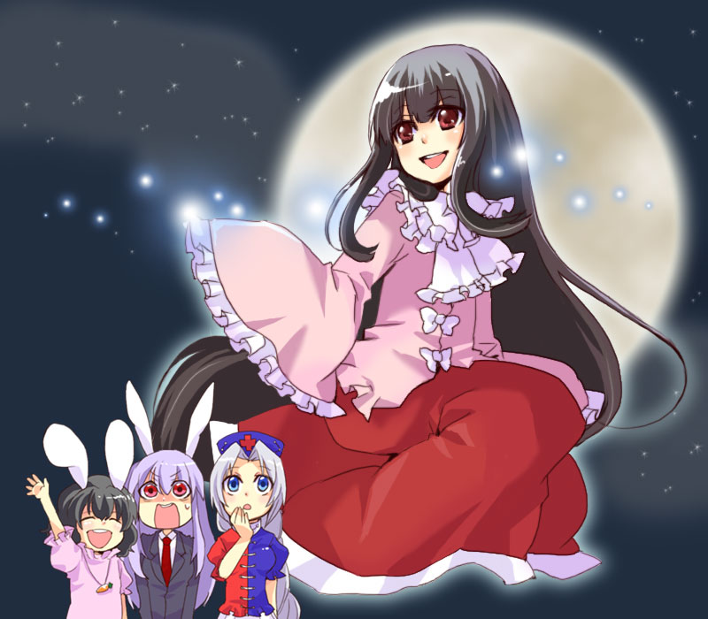 maki (maki88), houraisan kaguya, inaba tewi, reisen udongein inaba, yagokoro eirin, touhou, 4girls, animal ears, black hair, female focus, moon, multiple girls, open mouth, outdoors, rabbit ears, sitting, sky, standing