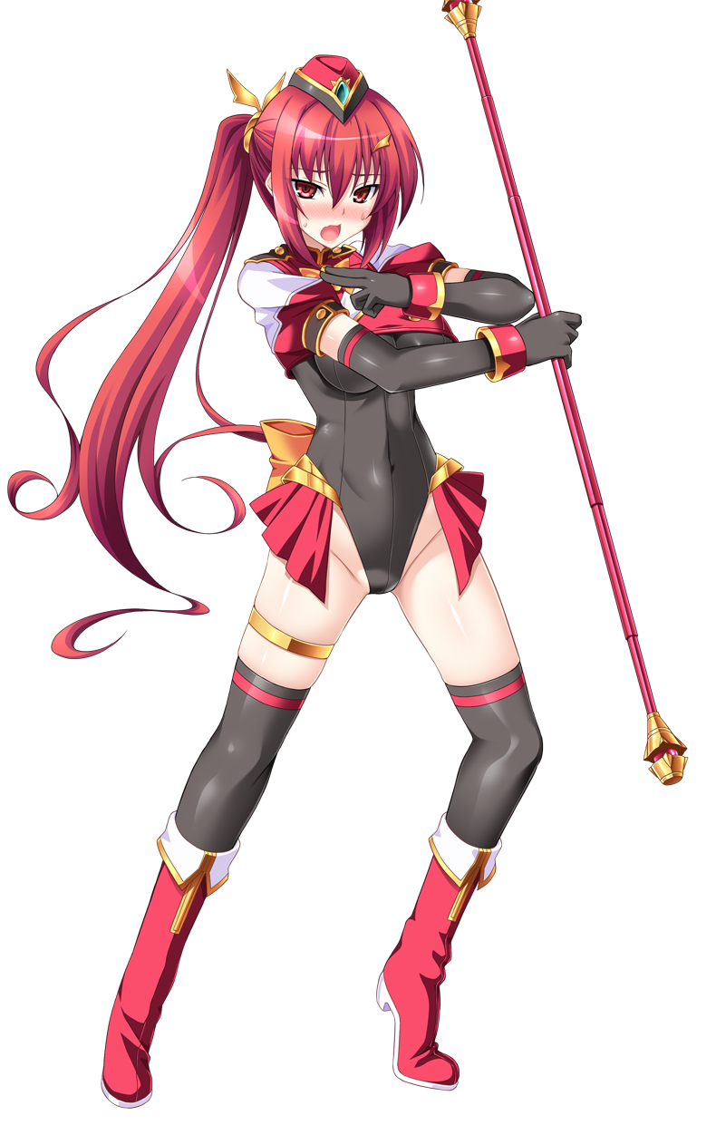 aoi masami, asamiya minami, knight ignis, ts magical girl nao, game cg, highres, large variant set, non-web source, official art, variant set, 1girl, black gloves, black thighhighs, blush, boots, breasts, cameltoe, covered navel, elbow gloves, full body, gloves, hair ornament, hairclip, hat, holding, holding staff, leotard, long hair, looking at viewer, magical girl, open mouth, ponytail, red eyes, red hair, showgirl skirt, solo, staff, standing, thighhighs, transparent background, very long hair