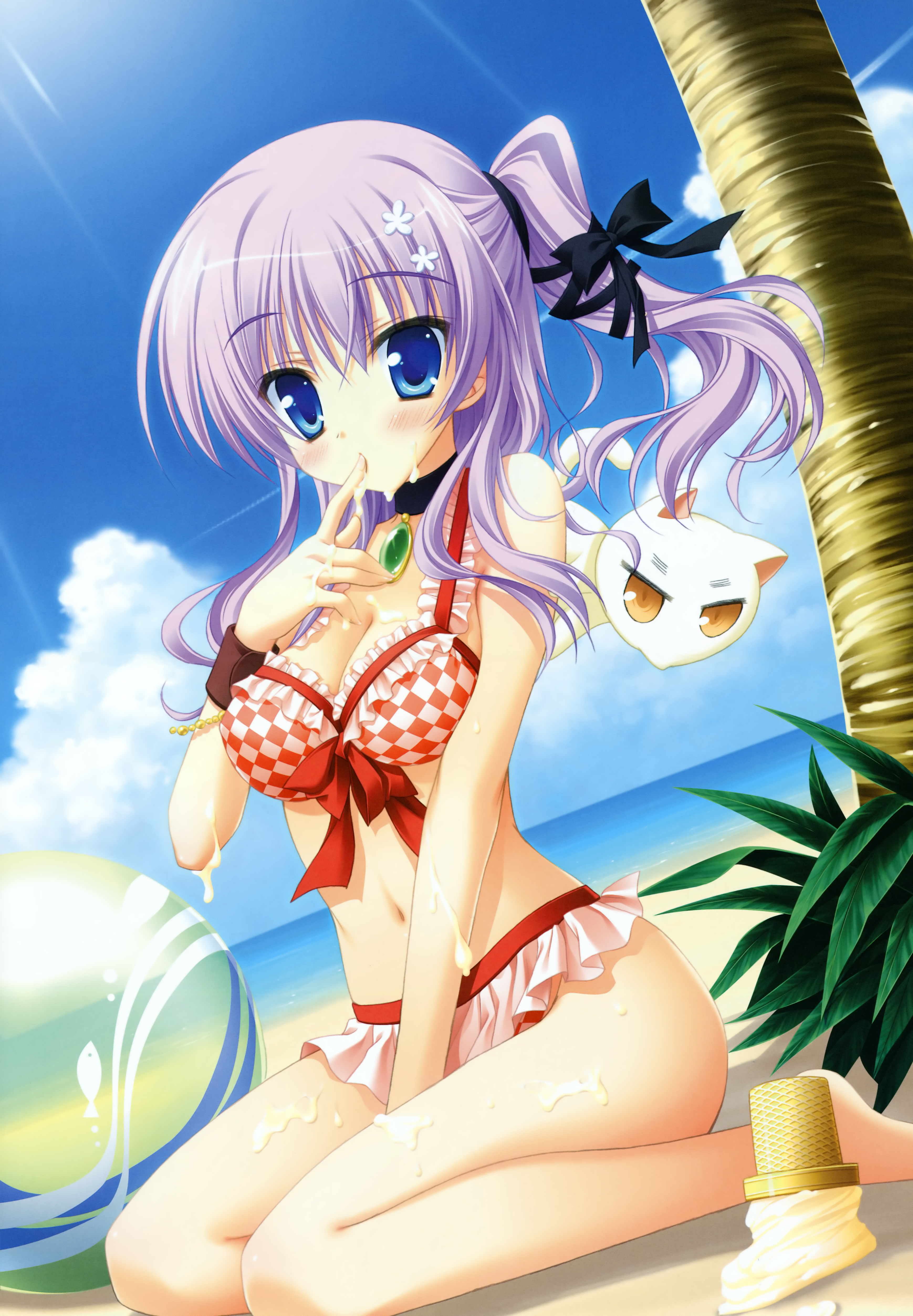 moribe (rabumanyo), mihama hitsuji, natsu yume nagisa, absurdres, highres, 1girl, ball, beach, beachball, bikini, blue eyes, blush, breasts, cat, checkered bikini, checkered clothes, choker, cleavage, day, food, frilled bikini, frills, front-tie top, hair ribbon, ice cream, kneeling, large breasts, light rays, navel, outdoors, ponytail, purple hair, ribbon, sexually suggestive, sitting, sunbeam, sunbean, sunlight, swimsuit