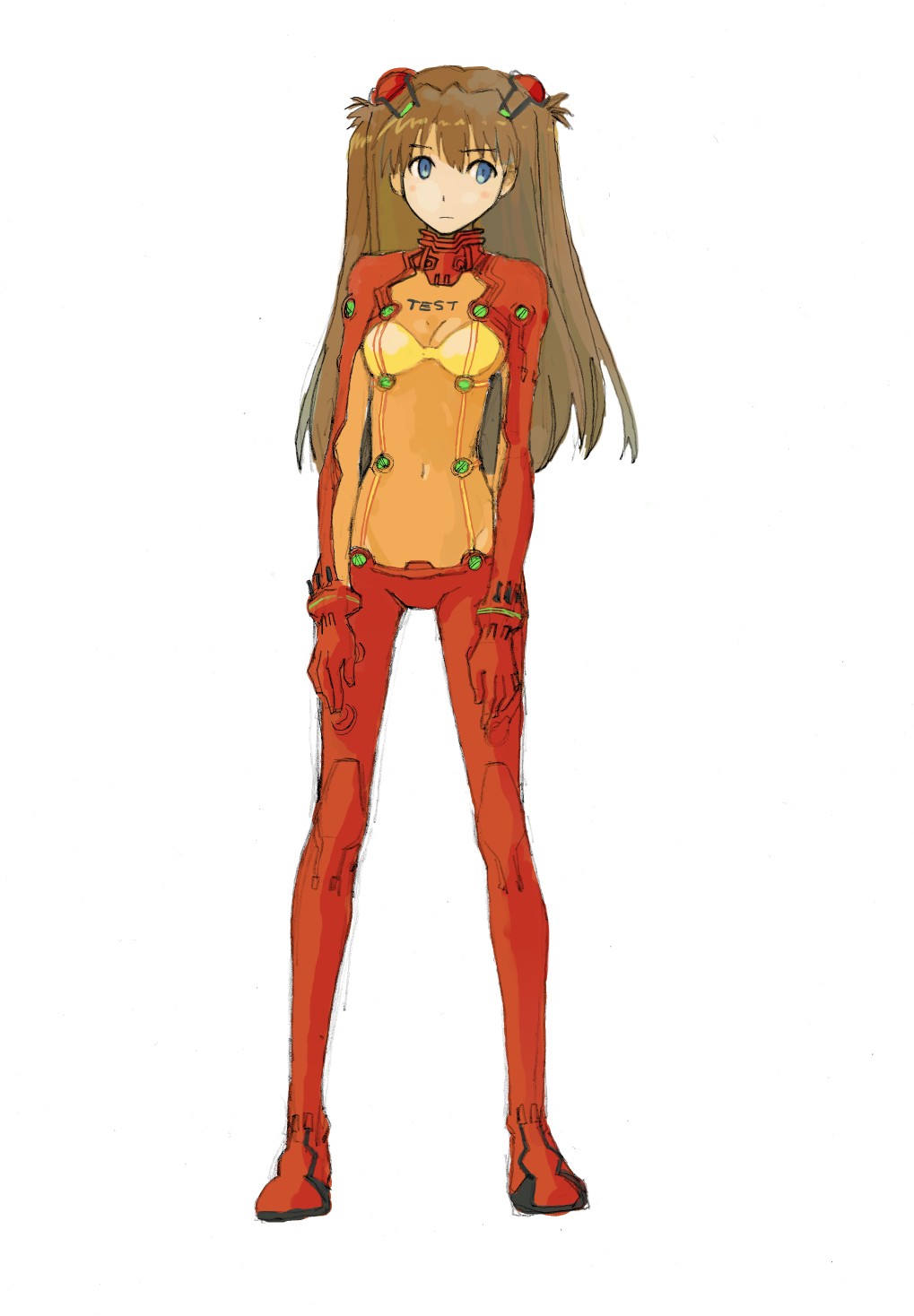 pinzu, souryuu asuka langley, evangelion: 2.0 you can (not) advance, neon genesis evangelion, rebuild of evangelion, looking away, highres, 00s, 1girl, blue eyes, bodysuit, bra, breasts, brown hair, cleavage, female focus, full body, lingerie, long hair, mecha pilot suit, midriff, plugsuit (evangelion), see-through cleavage, see-through clothes, simple background, solo, standing, test plugsuit (evangelion), underwear, white background