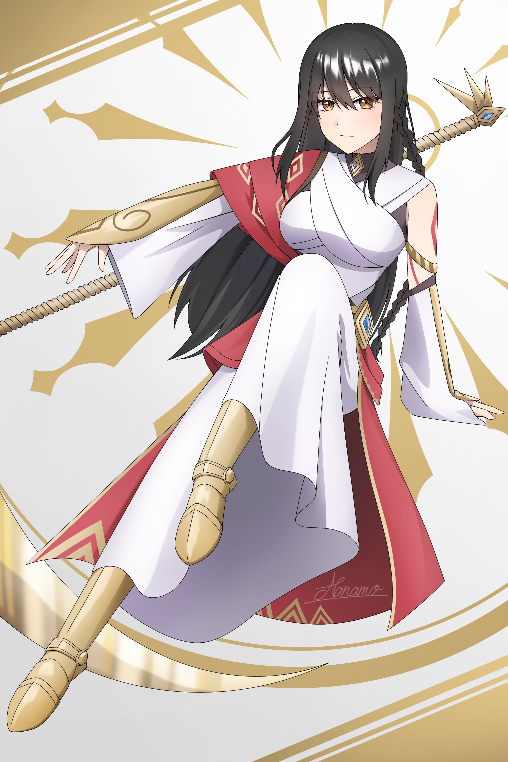 absurdres, character request, copyright request, highres, 1girl, black hair, body markings, braid, breasts, gold shoes, gold weapon, long hair, nanamo 127, robe, scythe, shoes, signature, solo, white robe, wide sleeves, yellow eyes
