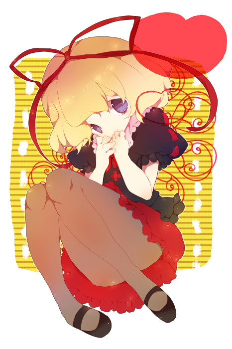 yukiho (artist), medicine melancholy, touhou, bad id, bad pixiv id, 1girl, blonde hair, blue eyes, female focus, full body, heart, pantyhose, ribbon, short hair, solo