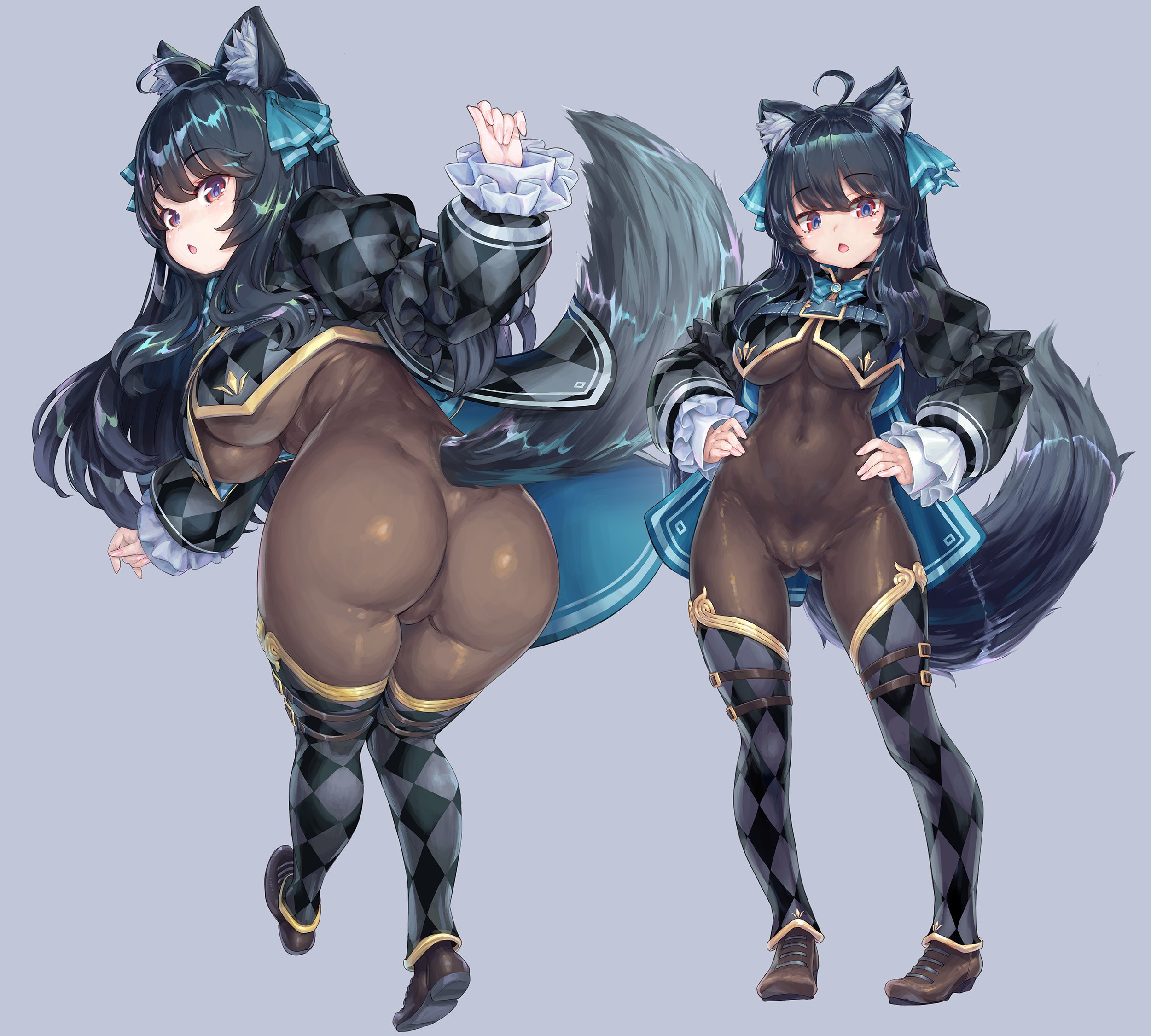 kiyama satoshi, svartlilja (vrchat), original, vrchat, commission, highres, skeb commission, 1girl, ahoge, animal ear fluff, animal ears, blonde hair, blue eyes, bodysuit, breasts, cameltoe, covered navel, impossible bodysuit, impossible clothes, long hair, medium breasts, multicolored eyes, red eyes, tail, very long hair