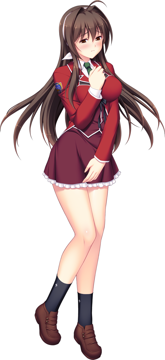 tsukumo kazuita, maishima yuri, nerawareta megami tenshi angel tear, game cg, highres, large variant set, non-web source, official art, variant set, 1girl, ahoge, black socks, blazer, blush, breasts, brown eyes, brown hair, frilled skirt, frills, full body, green necktie, hair intakes, hairband, hand on own chest, jacket, large breasts, loafers, long hair, long sleeves, looking at viewer, necktie, pleated skirt, red jacket, school uniform, shoes, skirt, smile, socks, solo, standing, transparent background