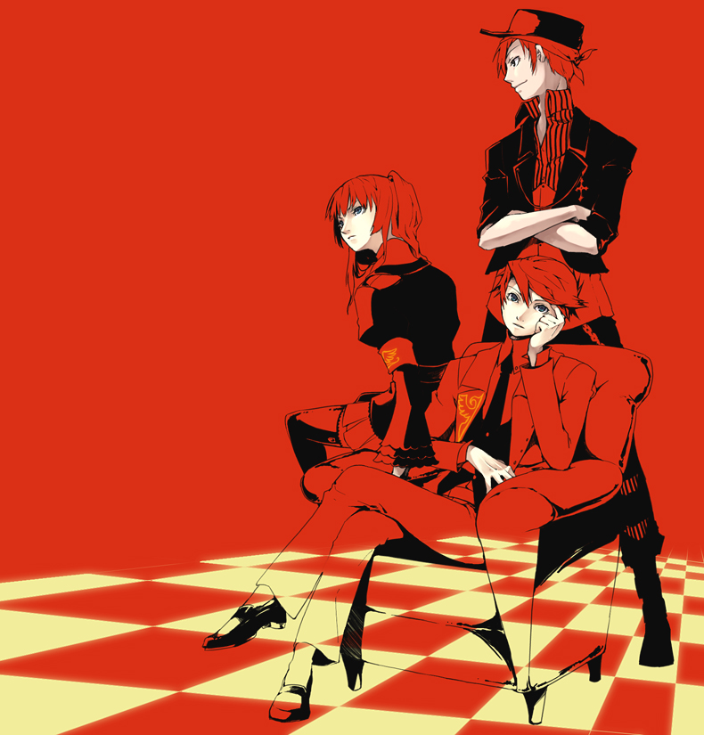 35, amakusa juuza, ushiromiya ange, ushiromiya battler, umineko no naku koro ni, 00s, 1girl, 2boys, armband, blue eyes, brother and sister, chain, checkboard, checkered floor, floor, formal clothes, frills, hair bobbles, hair ornament, hat, head rest, jacket, multiple boys, necktie, perspective, red hair, red theme, ribbon, shirt, short hair, siblings, sitting, skirt, thighhighs, twintails, zettai ryouiki