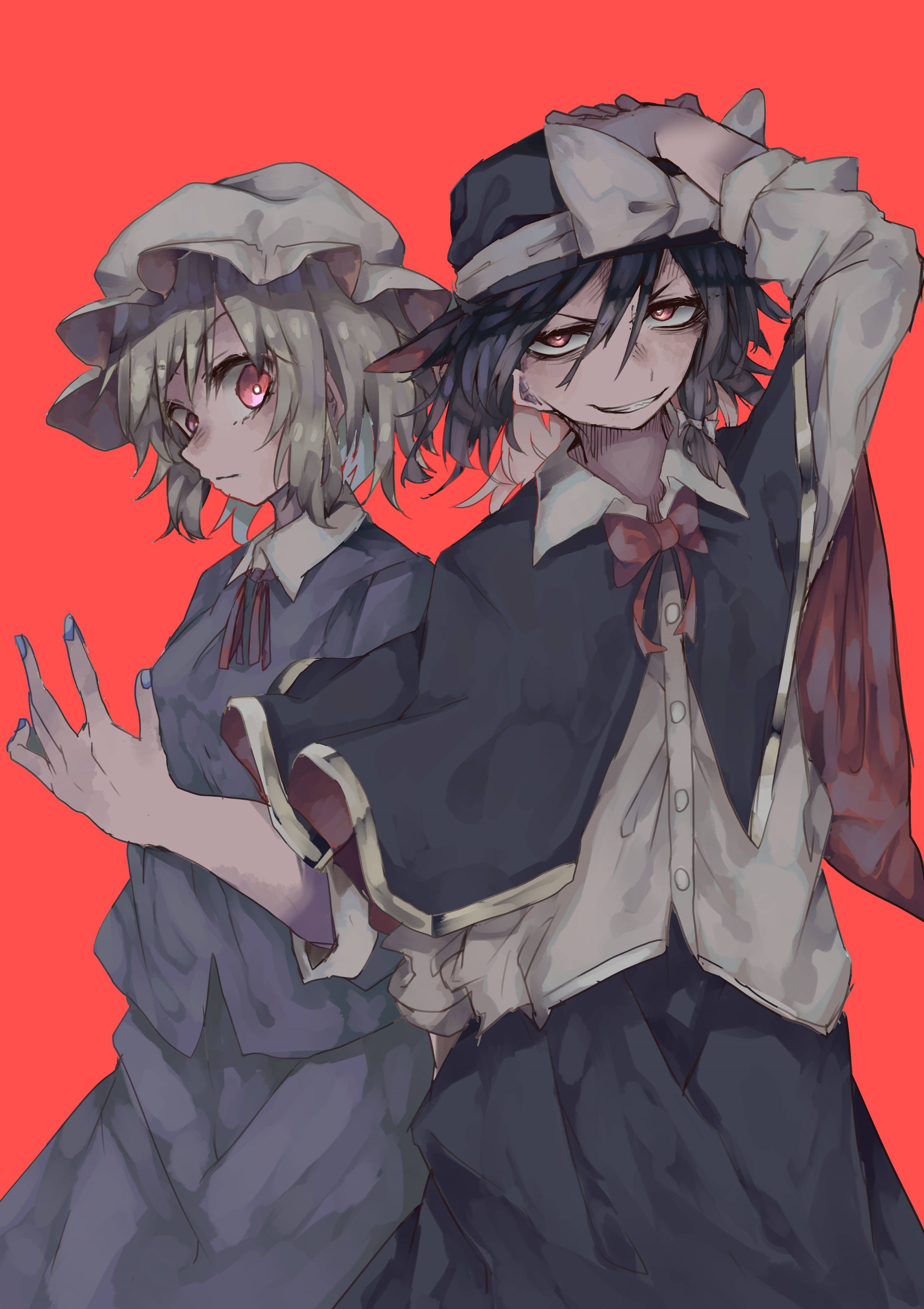 muraryo, maribel hearn, usami renko, touhou, absurdres, highres, textless version, translated, 2girls, alternate eye color, black capelet, black hair, black hat, black skirt, blonde hair, bow, bowtie, buttons, capelet, closed mouth, collar, hair between eyes, hand on own hat, hat, hat bow, long sleeves, mob cap, multiple girls, nail polish, purple nails, purple shirt, purple skirt, red background, red bow, red bowtie, red eyes, shirt, shirt ribbon, short hair, simple background, skirt, sleeve cuffs, white bow, white collar, white hat, white shirt