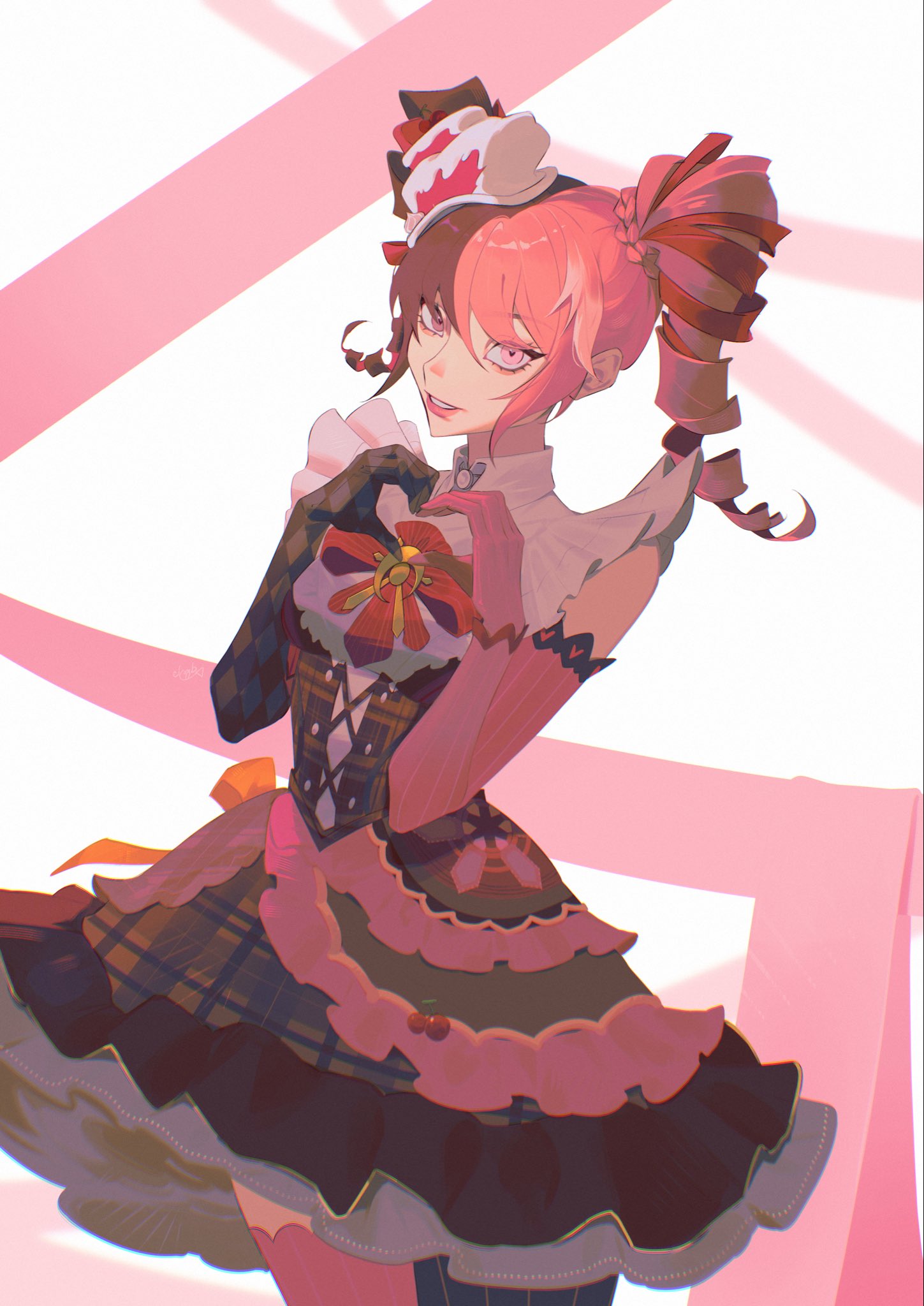 haji (haji07lo), luna snow, marvel, marvel rivals, highres, 1girl, breasts, cake, dress, food, gloves, heterochromia, long hair, looking at viewer, multicolored hair, pink hair, smile, solo, split-color hair, two-tone hair