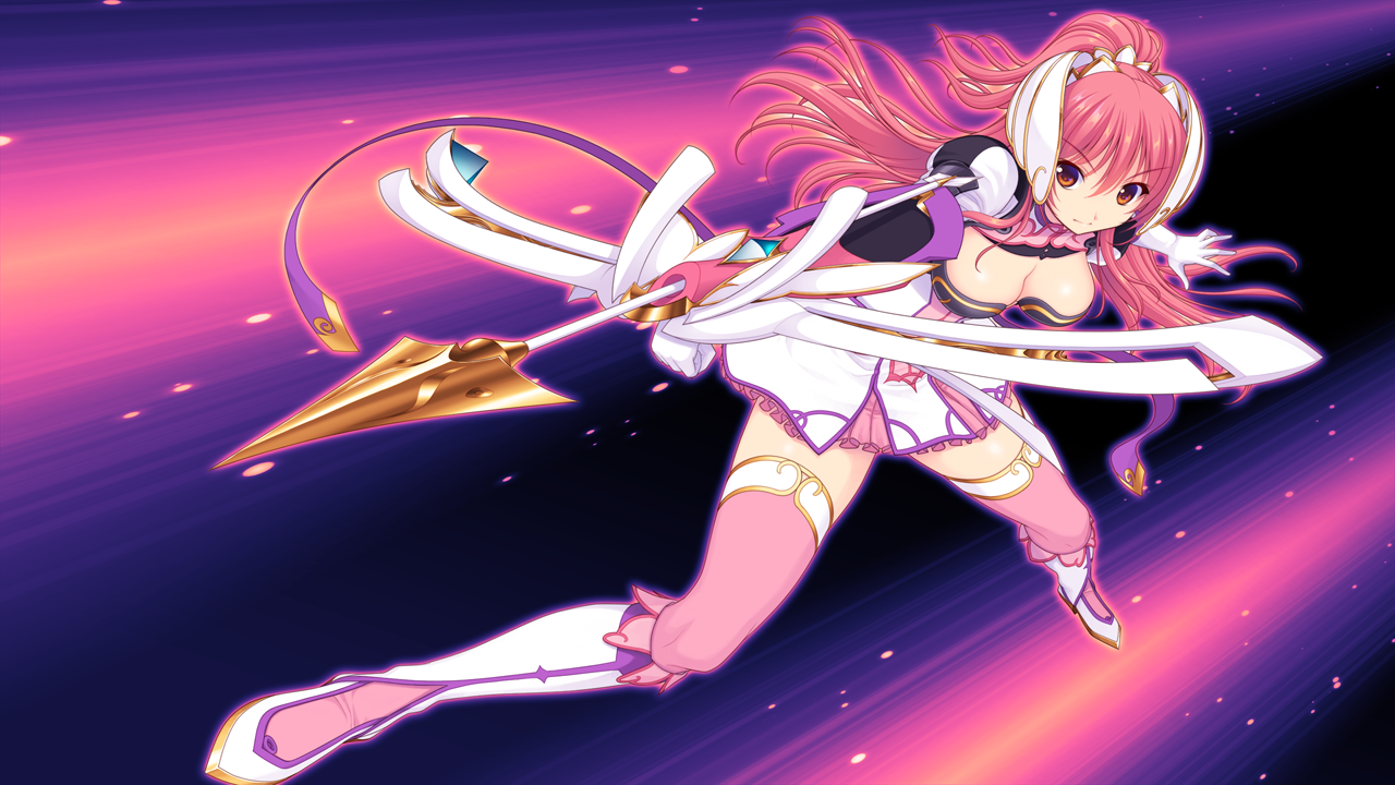 saitou natsuki, suhamaya, en ciel rena, en ciel rena (sin), tomoe rena, kourin tenshi en ciel rena, game cg, large variant set, non-web source, official art, variant set, 1girl, armor, boots, bow (weapon), breasts, cleavage, dress, full body, gloves, holding, holding weapon, knee boots, large breasts, long hair, looking at viewer, pink hair, pink thighhighs, polearm, ponytail, red eyes, skirt, smile, solo, spear, thighhighs, weapon, zettai ryouiki