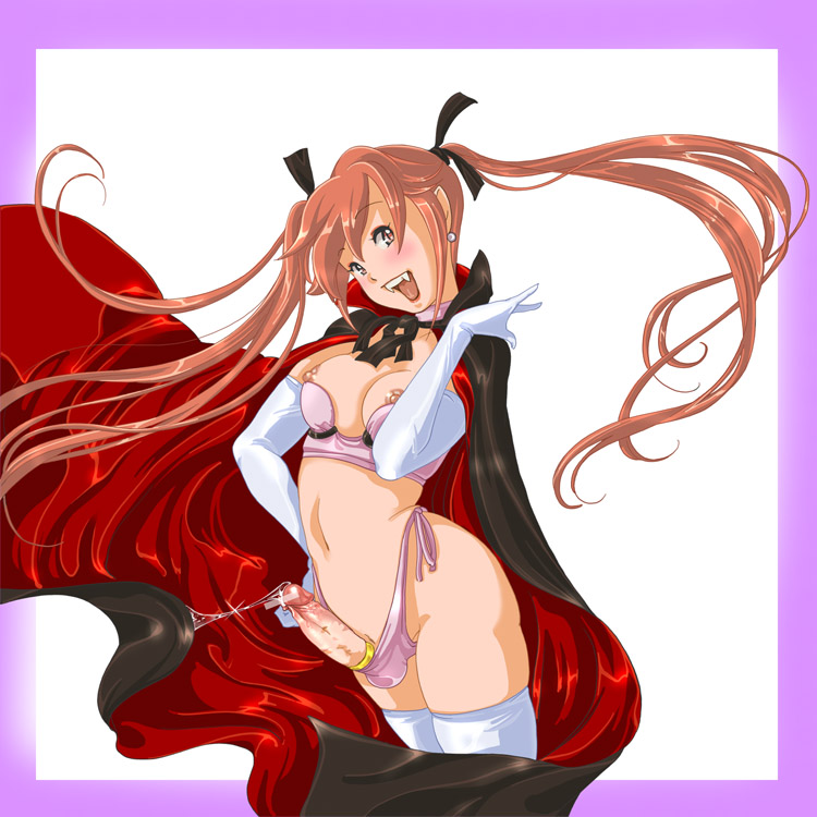 yozora, 1futa, blush, cape, cock ring, covered erect nipples, cum, elbow gloves, erection, futanari, gloves, long hair, midriff, nipple slip, nipples, penis, precum, red hair, revealing clothes, ribbon, sex toy, solo, twintails, vampire