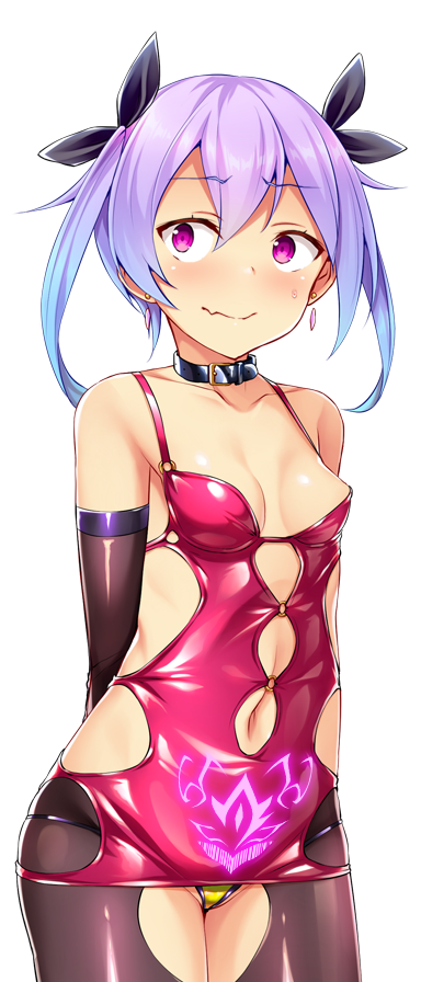 satou kuuki, fujii natsumi (ysphere), soukou seiki ysphere, game cg, large variant set, non-web source, official art, variant set, 1girl, areola slip, arms behind back, bare shoulders, black bow, black collar, black pantyhose, blue hair, blush, bow, breasts, closed mouth, clothing cutout, collar, collarbone, cowboy shot, dress, earrings, elbow gloves, fang, gloves, gradient hair, hair between eyes, hair bow, hair ribbon, jewelry, looking to the side, microdress, multicolored hair, navel, navel cutout, nipples, panties, pantyhose, pink dress, pubic tattoo, pubic tattoo through clothing, purple eyes, purple hair, red dress, ribbon, shiny clothes, short dress, side cutout, simple background, sleeveless, sleeveless dress, small breasts, smile, solo, standing, sweat, tattoo, twintails, underwear, wavy mouth, white background, yellow panties