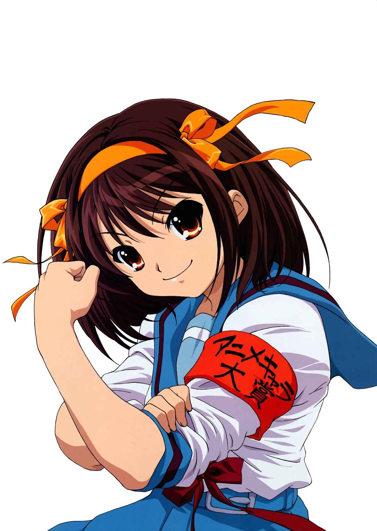 suzumiya haruhi, suzumiya haruhi no yuuutsu, highres, jpeg artifacts, 00s, armband, brown hair, hairband, school uniform, serafuku, short hair, solo