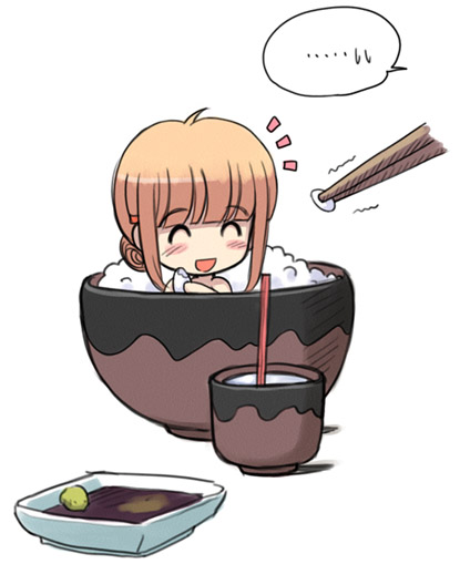 original, …, 1girl, :d, ^ ^, bare shoulders, blonde hair, blunt bangs, blush, bowl, chopsticks, closed eyes, cup, eating, female focus, food, hime cut, in container, in cup, in food, mamezara, mini person, minigirl, open mouth, plate, rice, rice bowl, smile, solo, soy sauce, speech bubble, spoken ellipsis