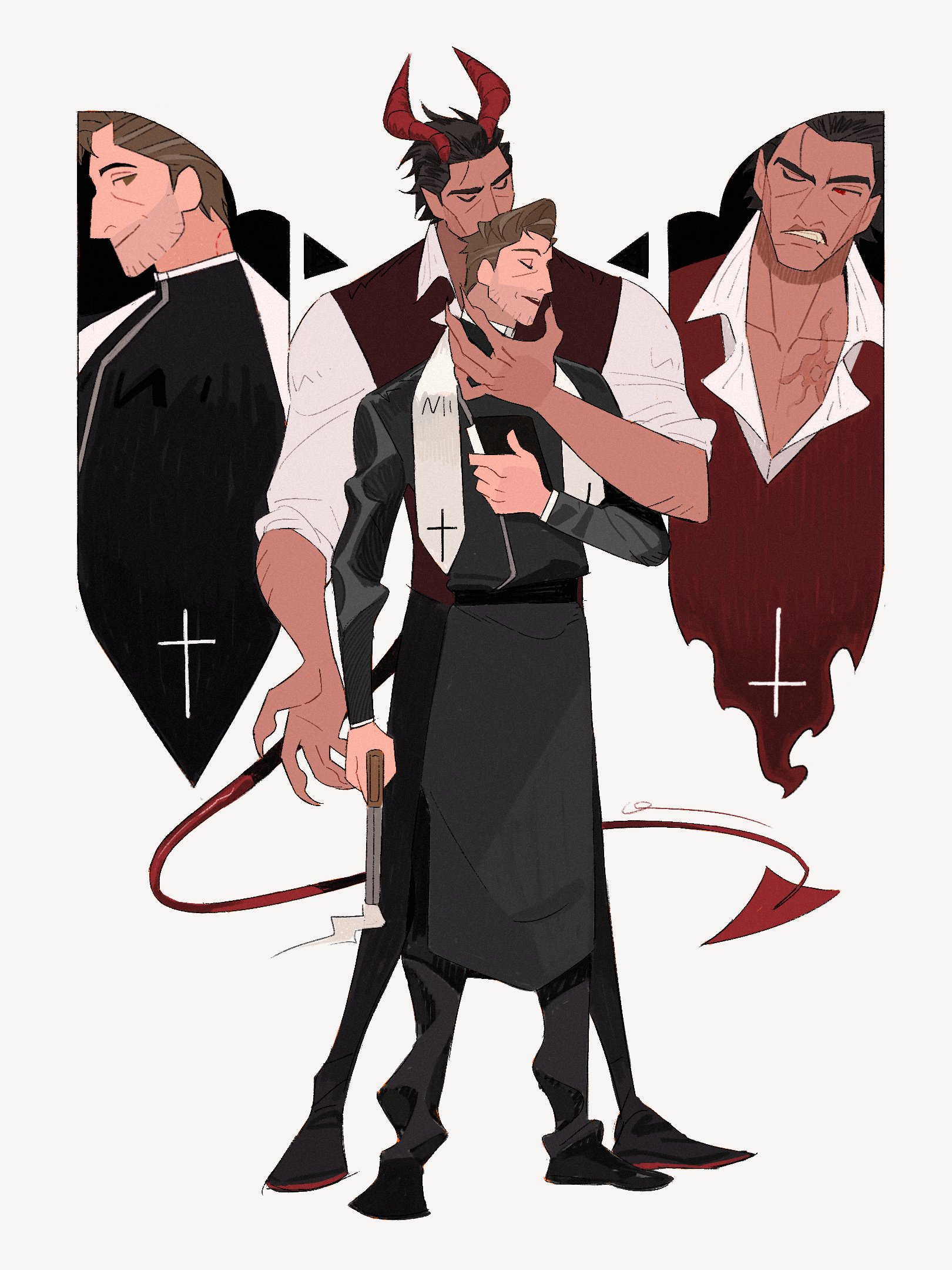 dingnin98201637, miguel o'hara, peter b parker, marvel, spider-man: across the spider-verse, spider-man (series), spider-verse, commentary, highres, symbol-only commentary, 2boys, arm up, beard stubble, bible (object), black hair, black pants, black robe, black shoes, book, brown eyes, closed eyes, closed mouth, collarbone, collared shirt, cross, dark-skinned male, dark skin, demon, demon boy, demon horns, demon tail, facial hair, fang, fingernails, full body, hair slicked back, holding, holding book, horns, kiss, layered sleeves, long sleeves, looking to the side, male focus, multicolored hair, multiple boys, one eye closed, open collar, pants, priest, red vest, robe, scar, scar on chest, sharp fingernails, shirt, shoes, short sideburns, smile, standing, streaked hair, stubble, tail, vest, vestments, white background, white shirt, yaoi