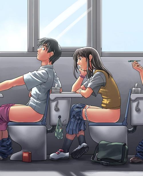 bookbag, 1boy, 1girl, bag, black hair, bored, clothes pull, indoors, juice box, looking back, panties, pants, pants pull, panty pull, plastic bag, school uniform, skirt, skirt pull, sky, tissue, toilet, underwear, what, window