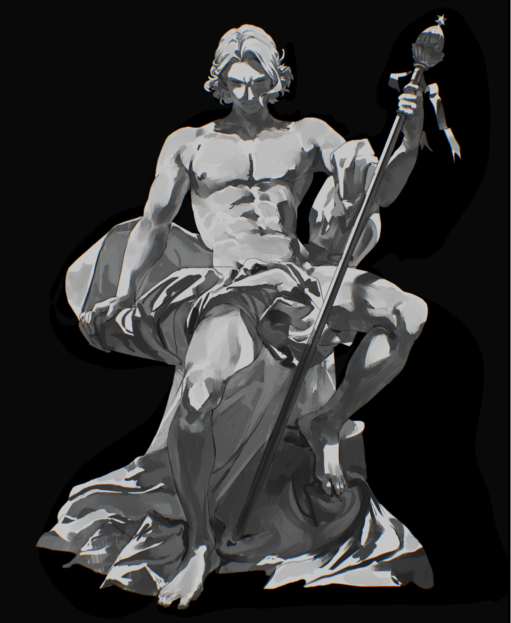 ai-wa, xander (fire emblem), fire emblem, fire emblem fates, nintendo, highres, 1boy, abs, barefoot, facing viewer, holding, holding staff, male focus, medium hair, muscular, muscular male, pectorals, solo, staff, statue