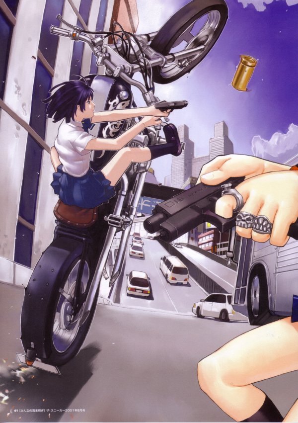 hakua ugetsu, vehicle, 1girl, gun, handgun, highway, jewelry, motor vehicle, motorcycle, pistol, ring, shell casing, weapon