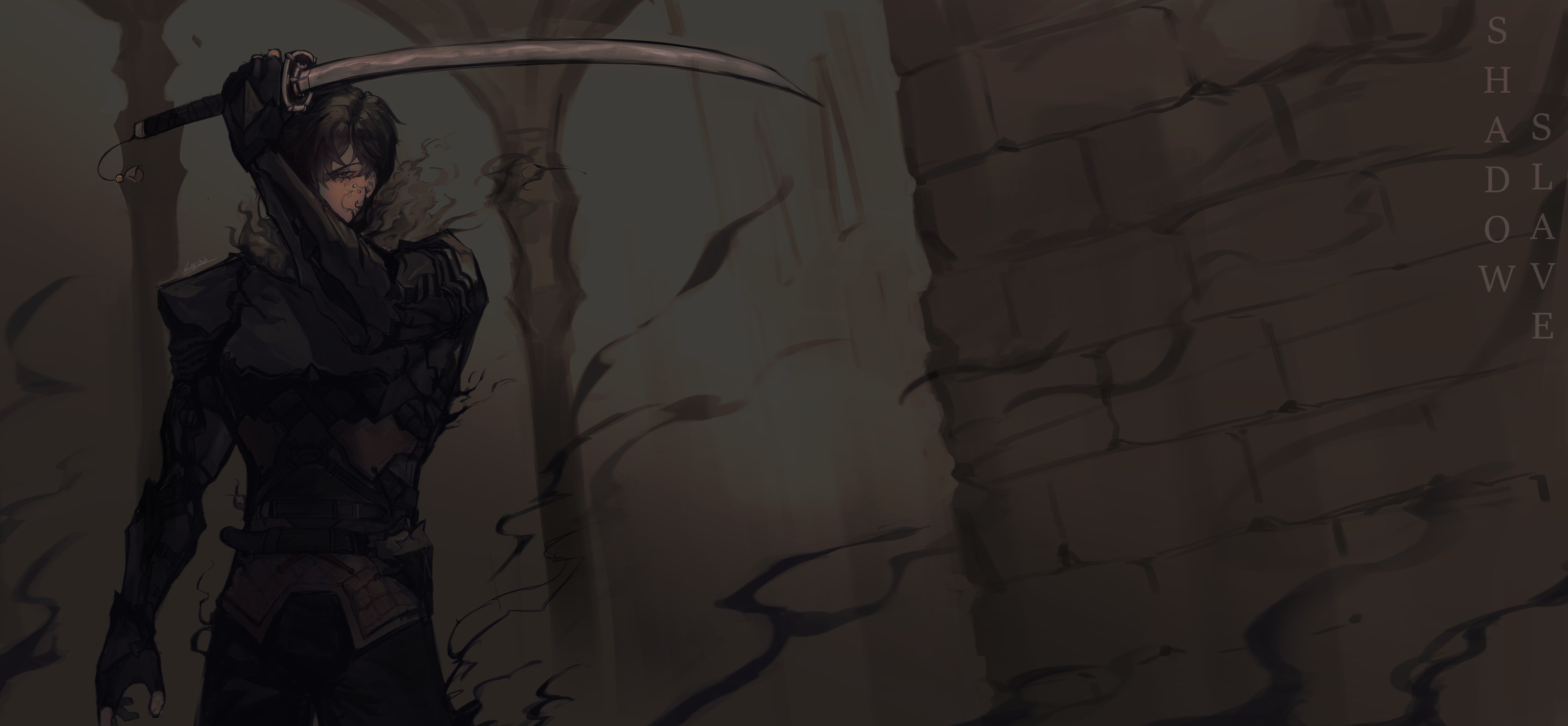 logicsterrr, sunny (shadow slave), shadow slave, absurdres, highres, 1boy, arch, black gloves, black hair, copyright name, cowboy shot, fur collar, gloves, hand up, holding, holding sword, holding weapon, male focus, short hair, shoulder pads, solo, standing, sword, tunic, weapon