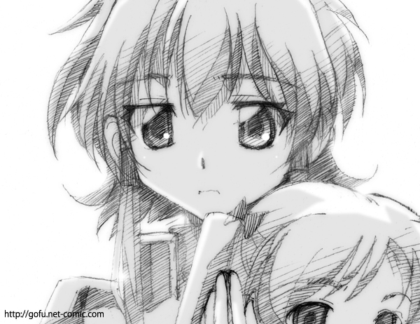 gofu, emily (soukou no strain), sara werec, soukou no strain, traditional media, 00s, greyscale, monochrome, simple background, sketch, white background