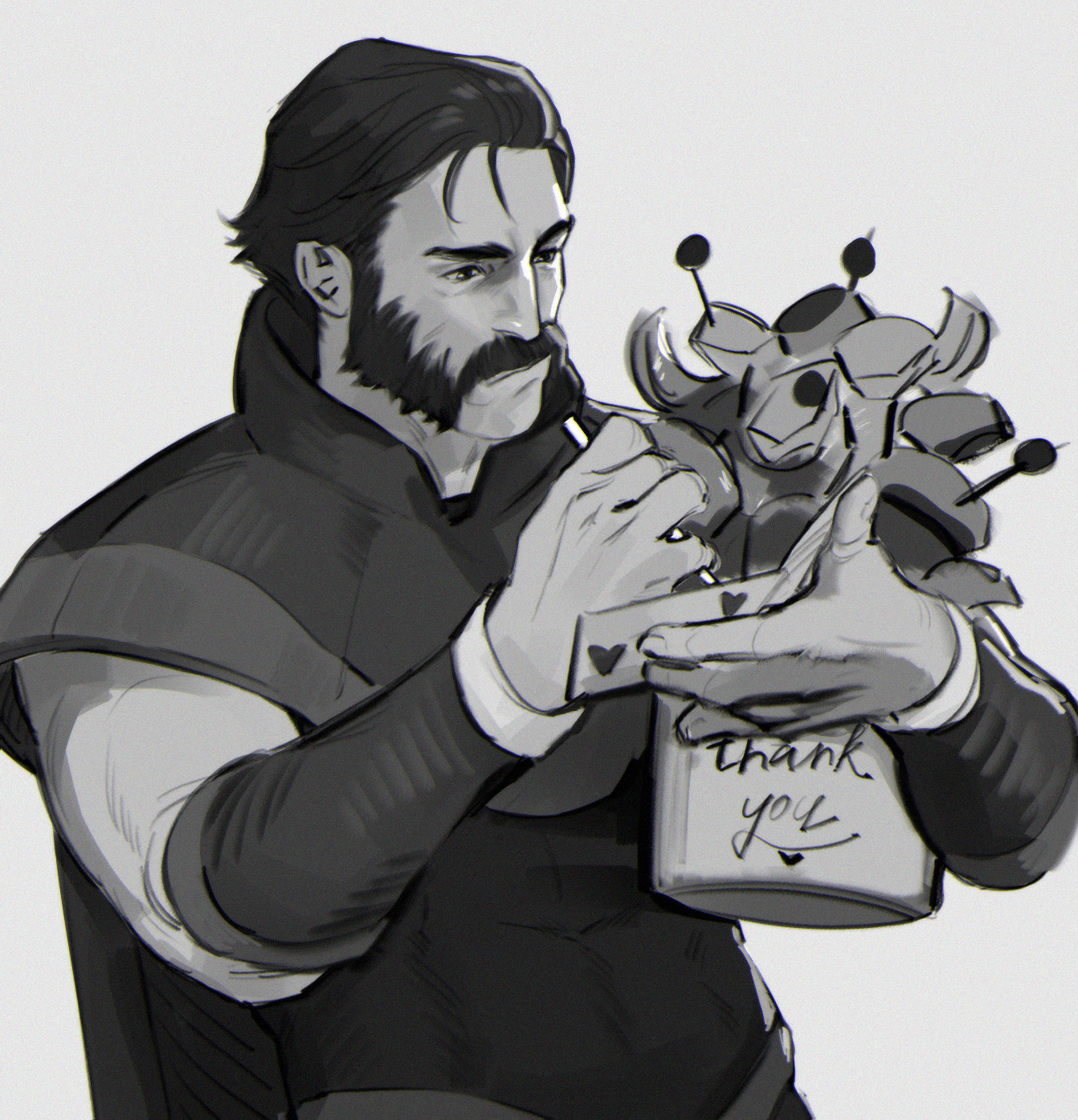 limach-an, dispatch, commentary, english commentary, highres, 1boy, beard, cape, english text, facial hair, food, greyscale, male focus, monochrome, mustache, phenomaman, short hair, sideburns, simple background, sleeveless, solo, writing