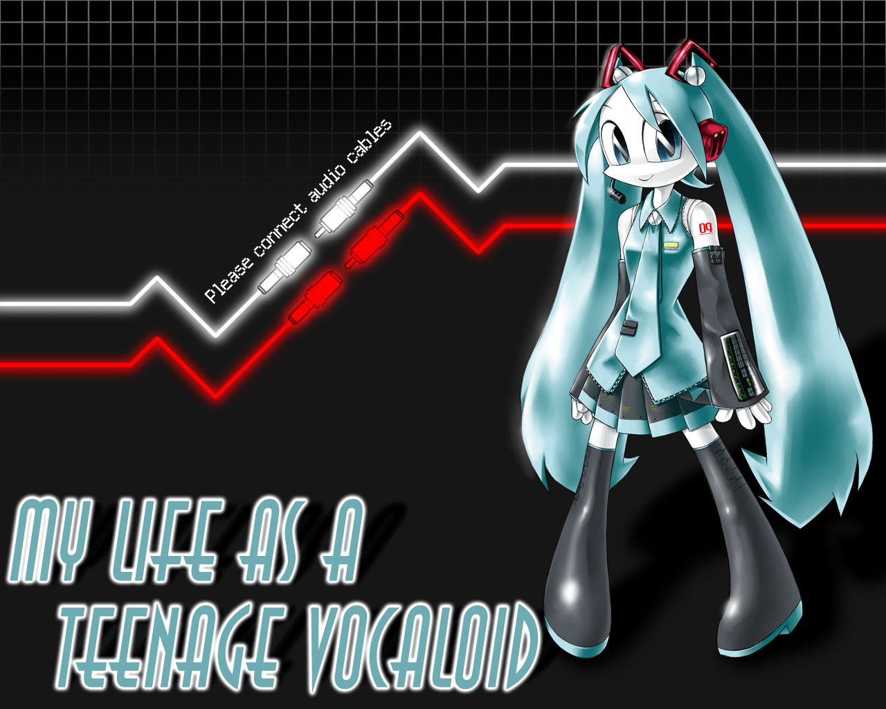 leex, hatsune miku, jenny wakeman, my life as a teenage robot, nickelodeon, vocaloid, 1girl, android, english text, female focus, fusion, parody, robot, solo, thighhighs