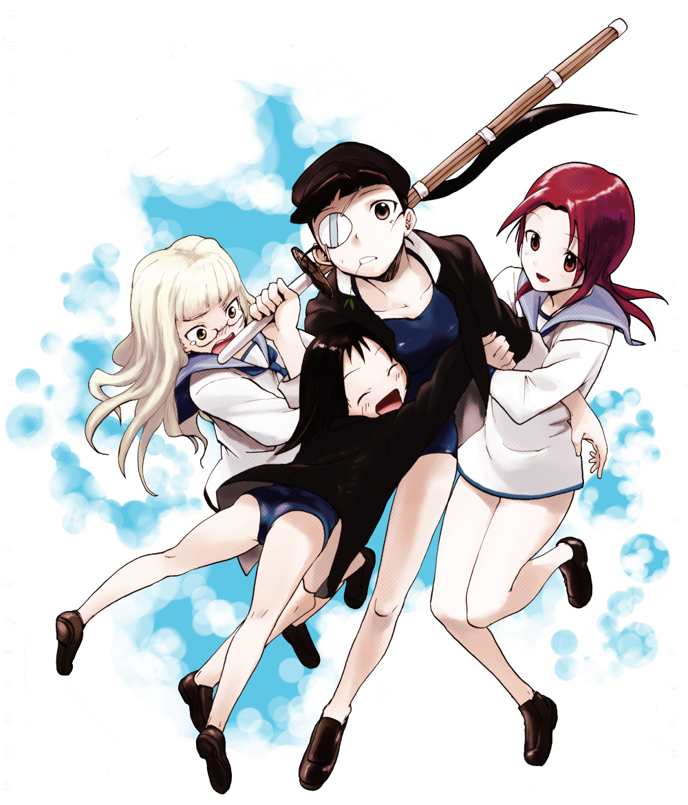 aoba (smartbeat), aoba, minna-dietlinde wilcke, perrine h. clostermann, sakamoto mio, strike witches, world witches series, uniform, 00s, 3girls, black hair, blonde hair, eyepatch, glasses, jacket, jacket over swimsuit, long hair, mouth hold, multiple girls, no pants, one-piece swimsuit, open clothes, open jacket, over shoulder, ponytail, red eyes, red hair, school swimsuit, shinai, shoes, stalk in mouth, swimsuit, sword, sword over shoulder, weapon, weapon over shoulder, yellow eyes