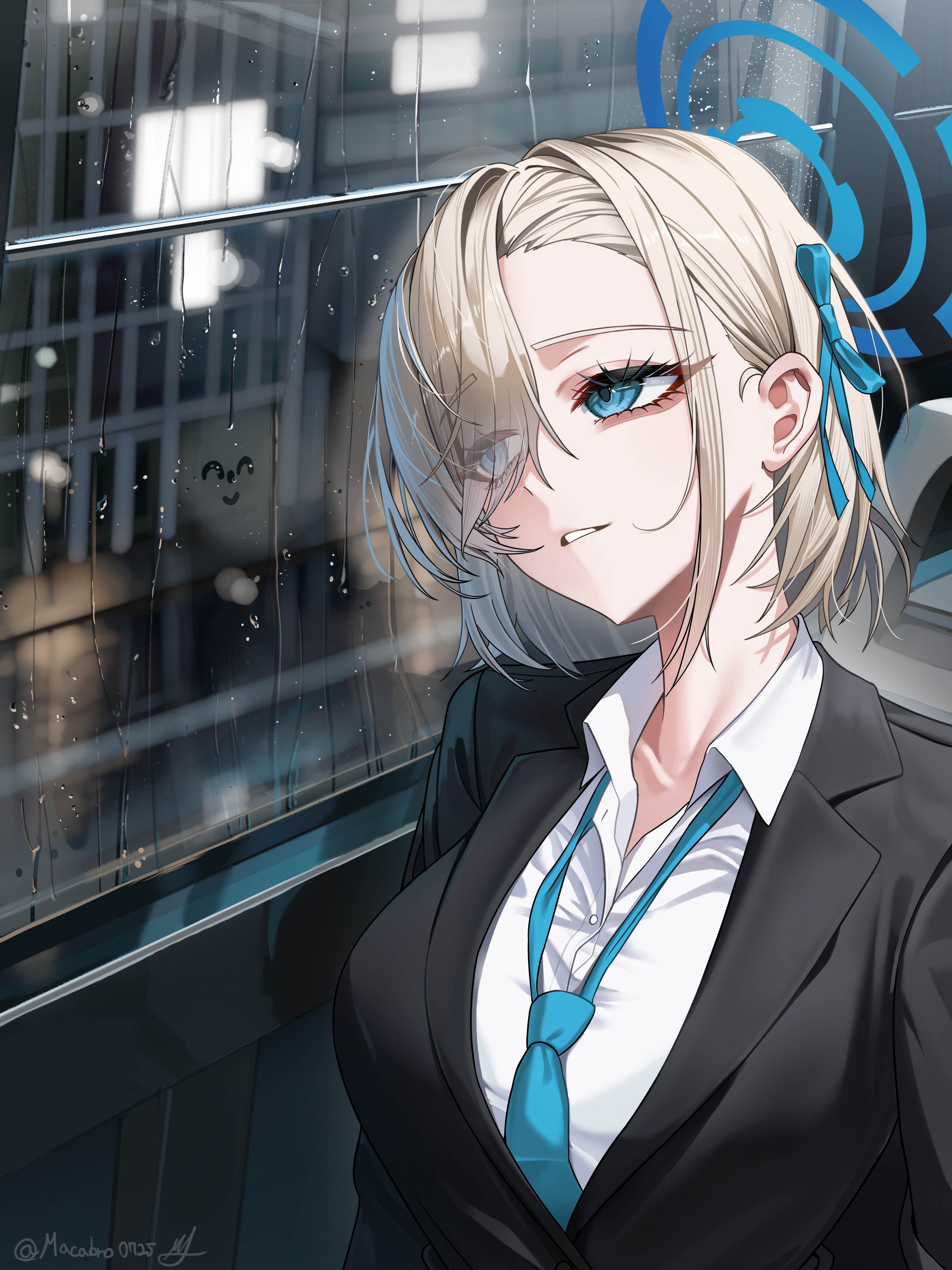 macabro, asuna (blue archive), blue archive, absurdres, commentary, english commentary, highres, 1girl, black jacket, blazer, blonde hair, blue eyes, blue necktie, blue ribbon, breasts, bus interior, hair over one eye, hair ribbon, halo, jacket, large breasts, necktie, night, office lady, rain, ribbon, shirt, short hair, solo, white shirt