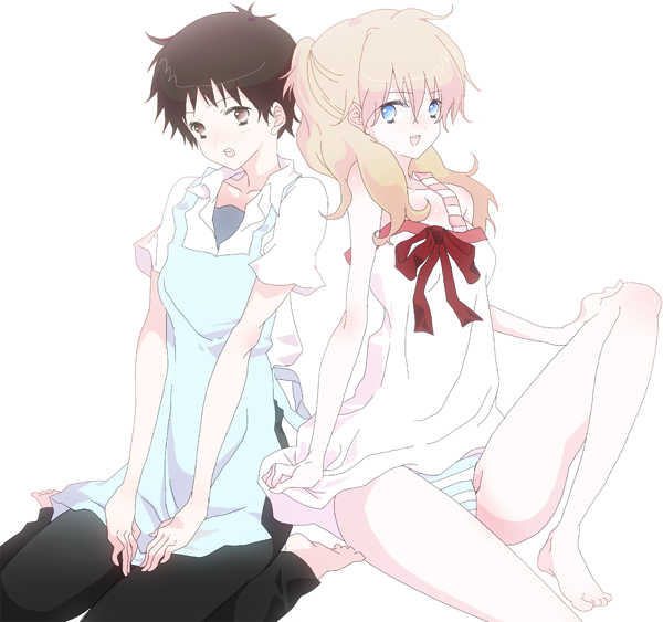 hatss, ikari shinji, souryuu asuka langley, neon genesis evangelion, rebuild of evangelion, bad id, bad pixiv id, gender request, spoilers, 00s, 1boy, 1girl, androgynous, apron, barefoot, blue eyes, brown eyes, brown hair, collared shirt, dress shirt, legs, lingerie, open mouth, orange hair, panties, pants, red hair, shirt, thighs, underwear