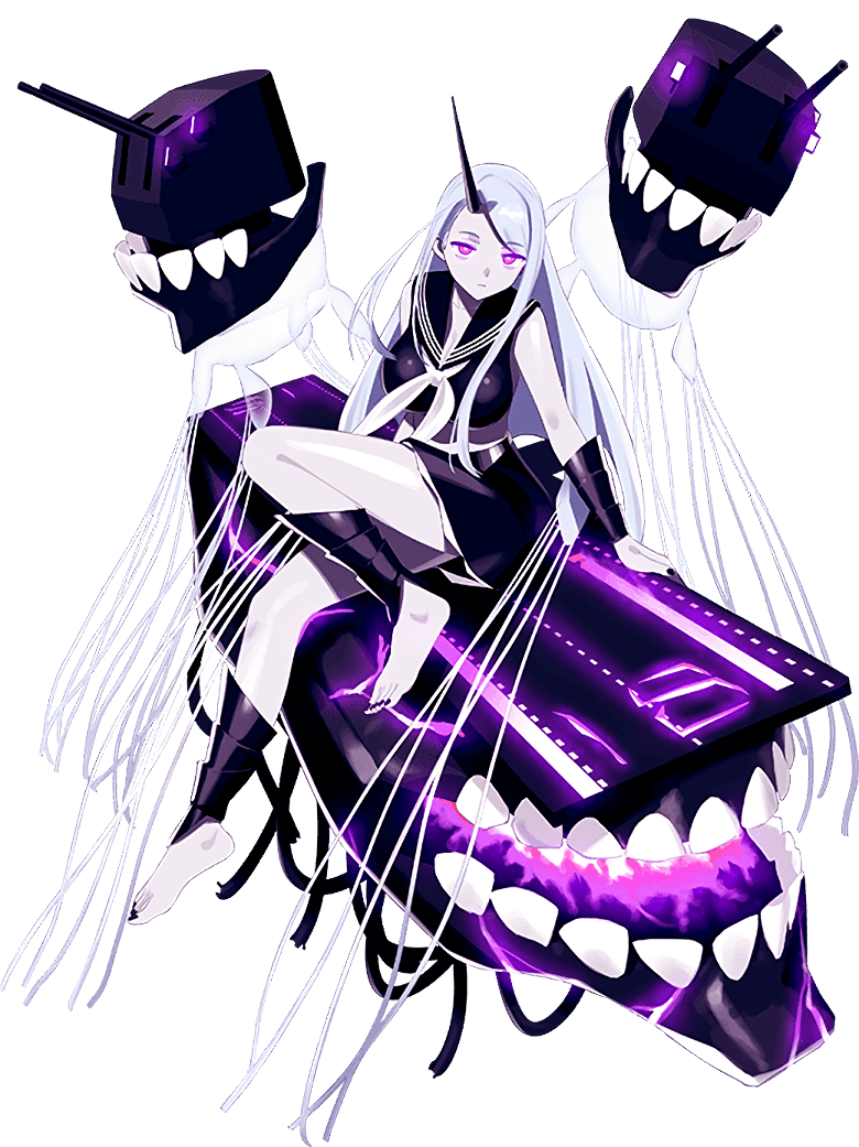 shibafu (glock23), kantai collection, official art, abyssal aircraft carrier wasp princess, abyssal ship, ankle wrap, barefoot, black nails, black sailor collar, black shirt, black skirt, breasts, cleavage, closed mouth, flight deck, glowing, glowing eyes, horns, large breasts, long hair, midriff, neckerchief, purple eyes, sailor collar, shirt, single horn, skirt, transparent background, white hair, white neckerchief, wrist wrap