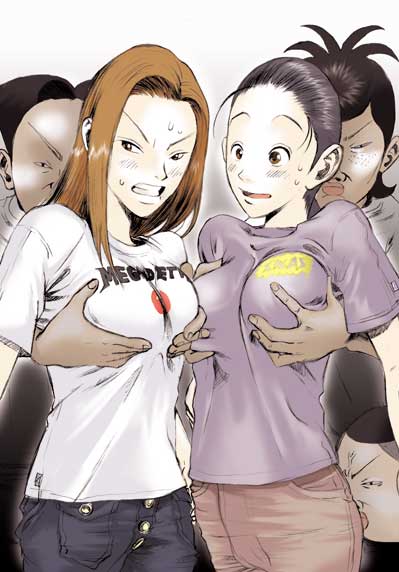 iwashita kyoko, iwashita kyouko, kamiya chiyoko, ike! ina-chuu takkyuubu, 1990s (style), 2girls, black hair, breasts, grabbing another's breast, groping, multiple girls, red hair, retro artstyle, sweat