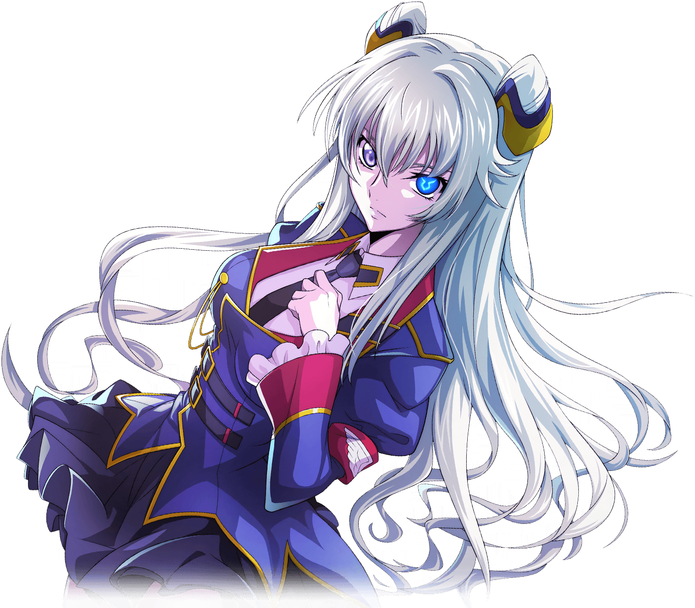 f4samurai, leila malcal, code geass, code geass: boukoku no akito, code geass: lost stories, game cg, official art, 1girl, armband, black necktie, blonde hair, blue eyes, breasts, clothes lift, cone hair bun, double bun, hair bun, long hair, looking at viewer, medium breasts, military uniform, necktie, red armband, simple background, skirt, skirt lift, sleeves past wrists, smile, solo, thighhighs, upper body, zettai ryouiki