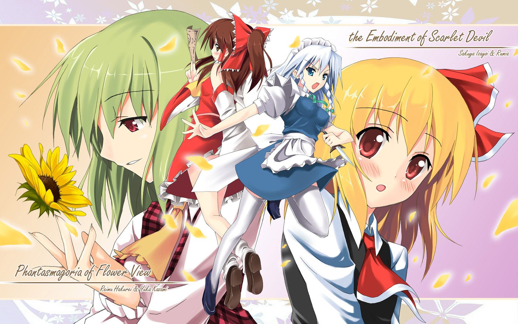 piromizu, hakurei reimu, izayoi sakuya, kazami yuuka, rumia, embodiment of scarlet devil, phantasmagoria of flower view, touhou, white legwear, highres, 4girls, apron, back-to-back, blonde hair, bow, braid, breasts, detached sleeves, female focus, flats, hair bow, hair ribbon, hair tubes, kantoku (style), knife, maid, maid apron, maid headdress, medium breasts, multiple girls, ofuda, petals, plaid clothes, plaid vest, profile, red eyes, ribbon, smile, thighhighs, twin braids, vest, zettai ryouiki