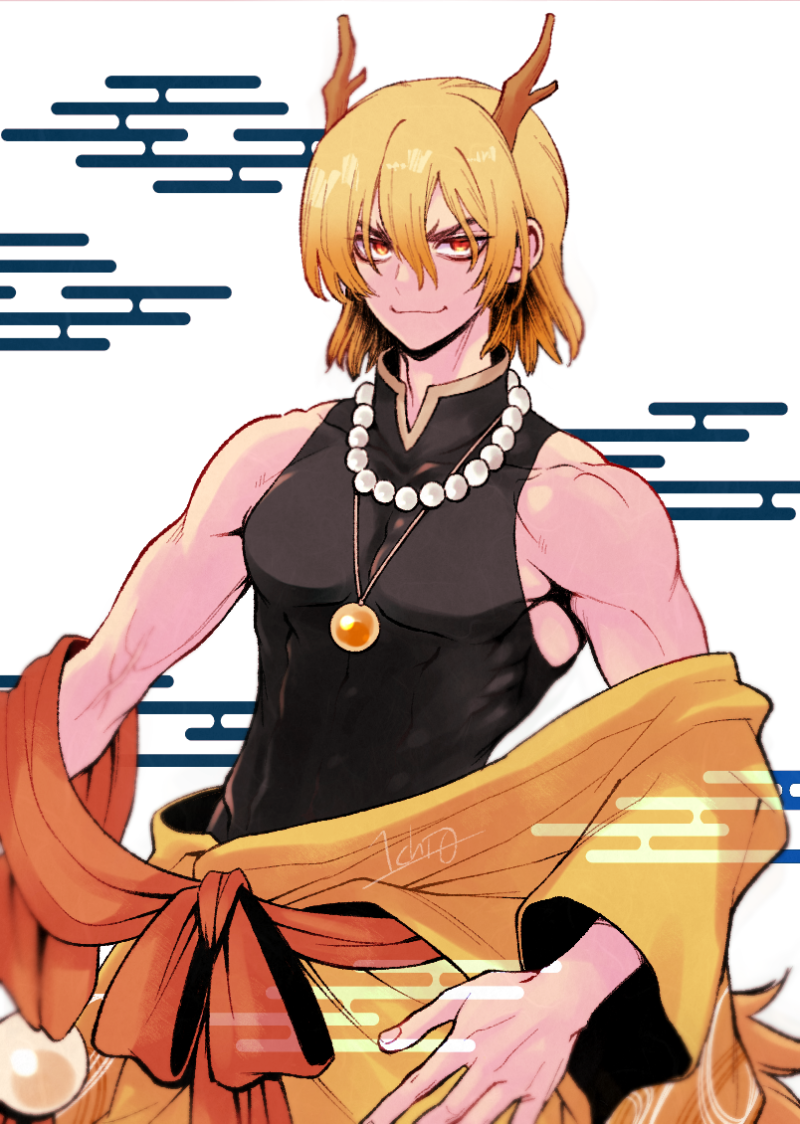 ninomae gin, nanami ryuusui, dr. stone, 1boy, antlers, bead necklace, beads, blonde hair, closed mouth, dragon horns, dragon tail, egasumi, hair between eyes, horns, jewelry, looking at viewer, male focus, muscular, necklace, red eyes, shirt, short hair, sleeveless, sleeveless shirt, smile, solo, tail, white background