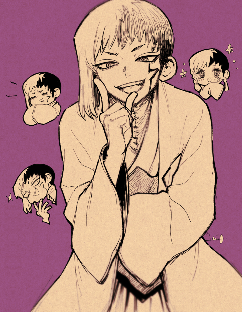 ninomae gin, asagiri gen, dr. stone, 1boy, @ @, asymmetrical hair, chibi, coat, greyscale with colored background, hand up, haori, japanese clothes, kimono, long sleeves, looking at viewer, male focus, monochrome, multicolored hair, multiple views, open mouth, purple background, short hair, single sidelock, smile, sparkle, split-color hair, two-tone hair, white hair, wide sleeves