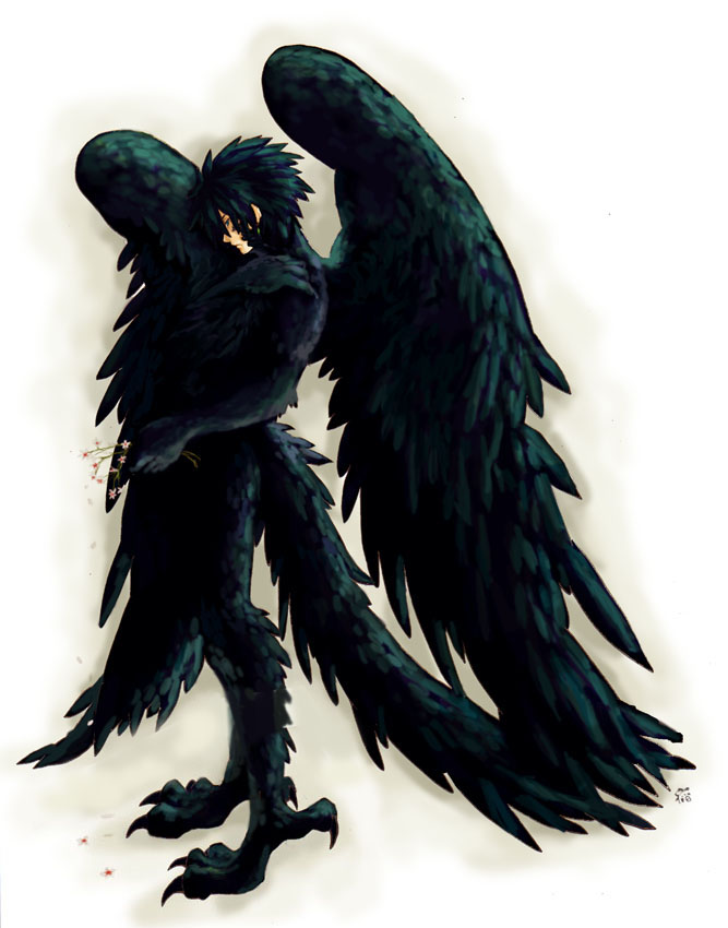 howl, howl no ugoku shiro, studio ghibli, howl pendragon, 00s, 1boy, black wings, blue eyes, flower, full body, harpy boy, male focus, monster boy, oversized wings, solo, wings