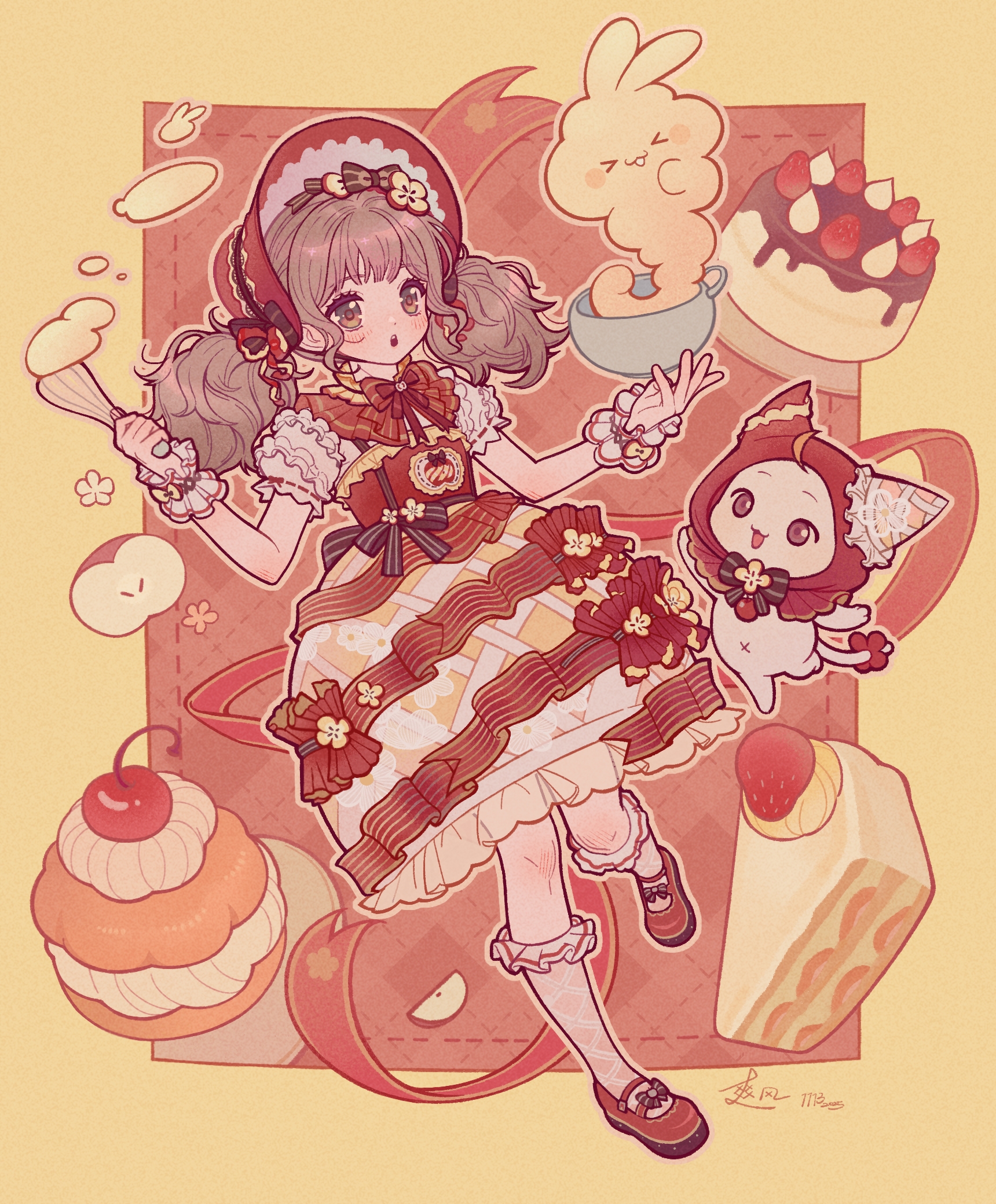 shuangfeng, momo (nikki), infinity nikki, nikki (series), chinese commentary, commentary request, highres, 1girl, ahoge, ankle socks, apple, apple slice, argyle background, argyle clothes, argyle socks, back bow, batter, black bow, black bowtie, bonnet, border, bow, bowl, bowtie, brooch, brown eyes, brown hair, cake, cake slice, capelet, cloak, cream puff, dot nose, dotted line, dress, dress bow, ear covers, eyelashes, food, food-themed clothes, food-themed hair ornament, food print, footwear bow, frilled dress, frilled shirt, frilled socks, frilled wrist cuffs, frills, fruit, full body, hair bow, hair ornament, hat, hat bow, holding, holding bowl, holding whisk, hood, hood up, hooded cloak, jewelry, knees, light blush, long hair, looking at food, low twintails, mary janes, medium dress, mismatched ear covers, navel, official alternate costume, open mouth, outline, outside border, pinafore dress, print dress, puffy sleeves, rabbit, red background, red bonnet, red bow, red bowtie, red capelet, red cloak, red dress, red shoes, ribbon-trimmed sleeves, ribbon trim, shirt, shoes, short twintails, signature, sleeve bow, sleeveless, sleeveless dress, socks, standing, striped bow, striped bowtie, striped clothes, striped dress, surprised, sweet memories (infinity nikki), tail, tail bow, tail ornament, tareme, teeth, twintails, two-tone dress, upper teeth only, whisk, white outline, white shirt, white socks, white wrist cuffs, wrist cuffs, yellow border, yellow dress