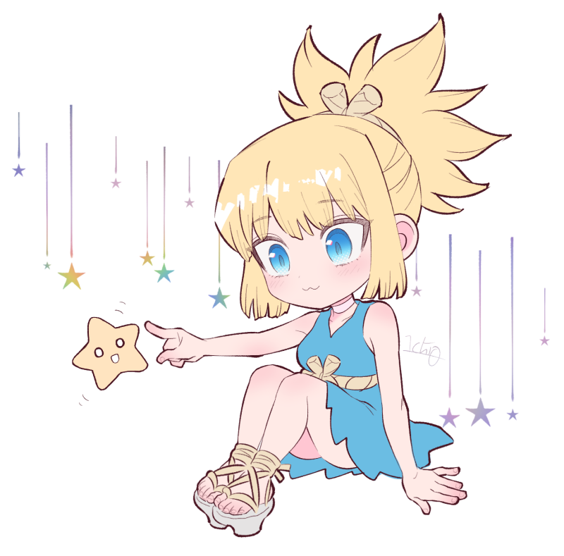 ninomae gin, kohaku (dr. stone), dr. stone, 1girl, :3, bare shoulders, blonde hair, blue dress, blue eyes, blush, chibi, choker, dress, full body, pointing, ponytail, sandals, sitting, sleeveless, sleeveless dress, solo, star (symbol), white background