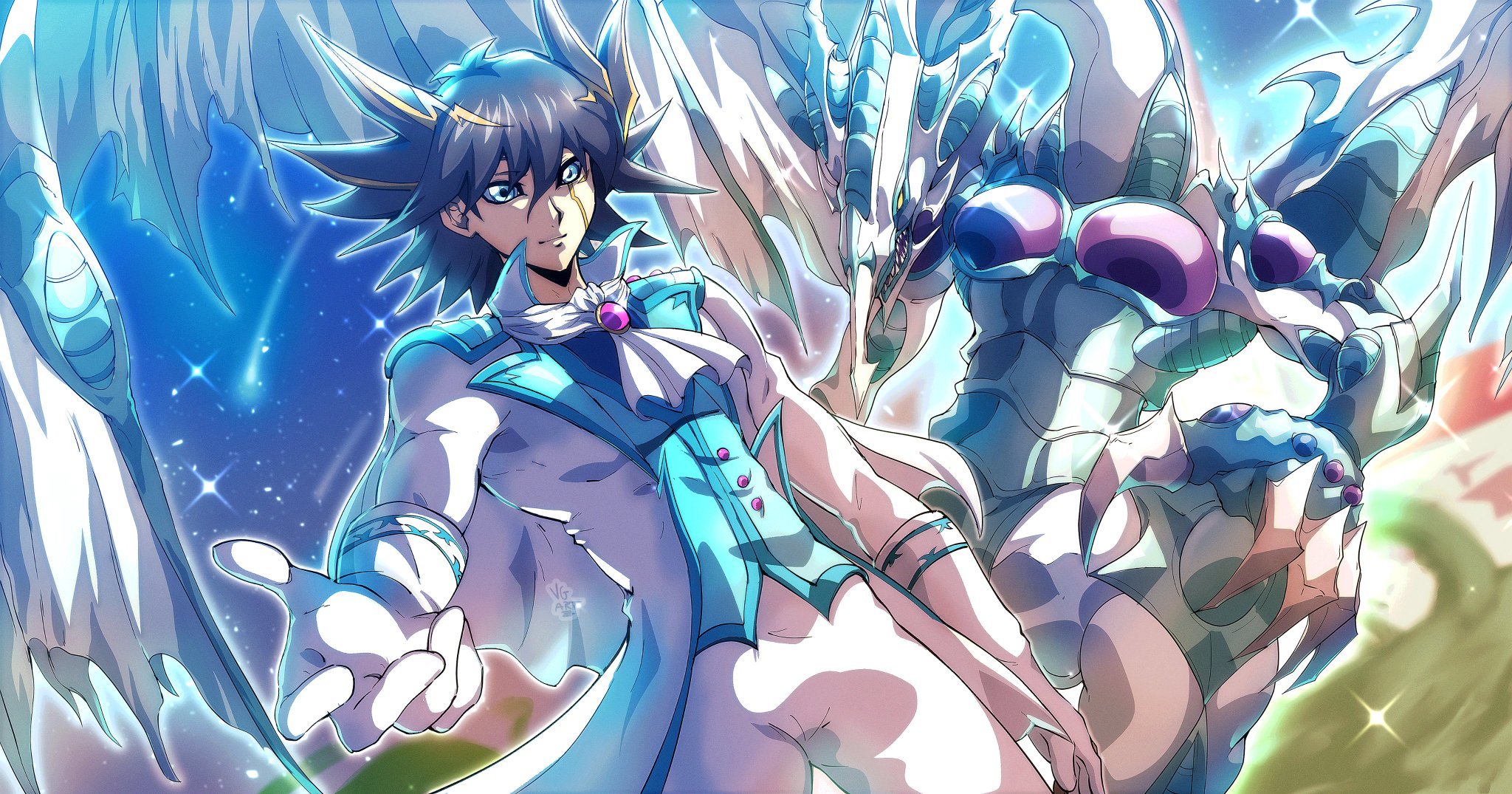 vincent graphic art, fudo yusei, stardust dragon, yu-gi-oh!, yu-gi-oh! 5d's, commentary, english commentary, highres, 1boy, black hair, blonde hair, blue eyes, blue vest, coat, cowboy shot, dragon, duel monster, facial mark, gloves, male focus, medium hair, multicolored hair, pants, sharp teeth, spiked hair, teeth, two-tone hair, vest, white coat, white gloves, white pants, yellow eyes