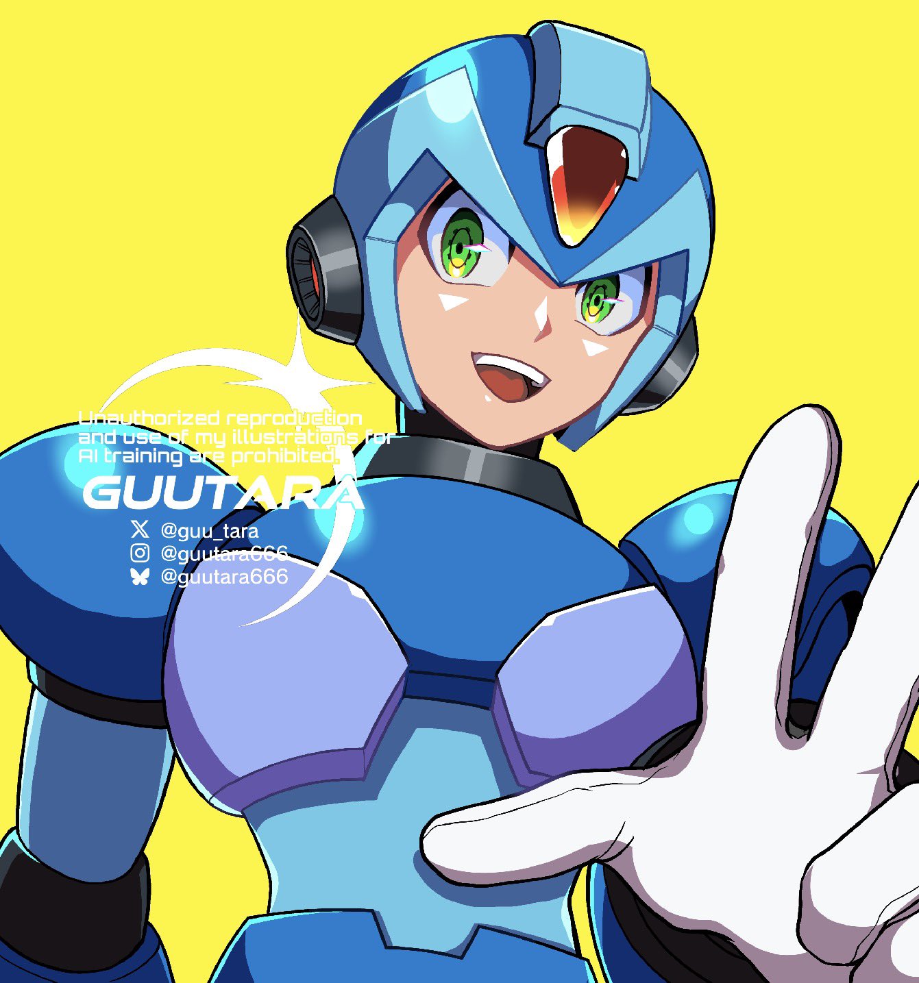 guutara, x (mega man), mega man (series), mega man x (series), commentary, highres, symbol-only commentary, 1boy, android, armor, blue armor, blue helmet, forehead jewel, green eyes, helmet, simple background, solo, watermark, yellow background