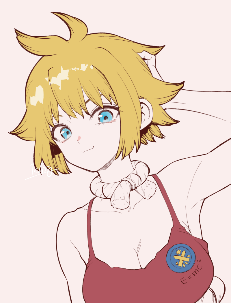 ninomae gin, kohaku (dr. stone), dr. stone, 1girl, arm up, armpits, badge, bare shoulders, blonde hair, blue eyes, breasts, camisole, cleavage, closed mouth, collarbone, hand on own head, large breasts, looking at viewer, red tank top, rope, shimenawa, short hair, signature, smile, solo, tank top, upper body