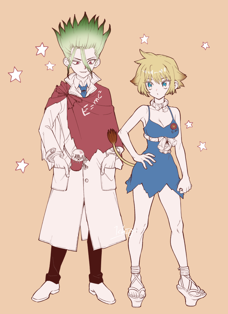 ninomae gin, ishigami senkuu, kohaku (dr. stone), dr. stone, 1boy, 1girl, animal ears, blonde hair, blue dress, blue eyes, breasts, cleavage, coat, dress, full body, gloves, green hair, hand on own hip, lion ears, lion girl, lion tail, male focus, multicolored hair, necktie, red eyes, sandals, short hair, smile, spiked hair, tail, two-tone hair