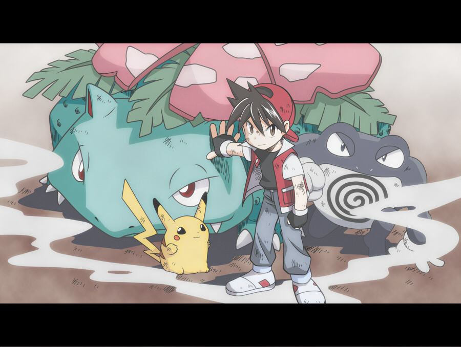 estel, mato, q-v (levia), pikachu, poliwrath, red (pokemon), venusaur, nintendo, pokemon, pokemon adventures, pokemon special anime, bad id, bad pixiv id, 1boy, baseball cap, black hair, brown eyes, fingerless gloves, gen 1 pokemon, gloves, hat, jacket, letterboxed, pokemon (creature)