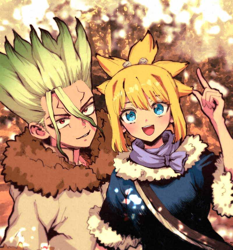 ninomae gin, ishigami senkuu, kohaku (dr. stone), dr. stone, 1boy, 1girl, :d, blonde hair, blue eyes, coat, fur-trimmed coat, fur-trimmed jacket, fur-trimmed sleeves, fur trim, gradient hair, green hair, hair between eyes, index finger raised, jacket, looking at viewer, multicolored hair, open mouth, ponytail, red eyes, scarf, short ponytail, sidelocks, smile, spiked hair, teeth, two-tone hair, upper body, upper teeth only, winter clothes