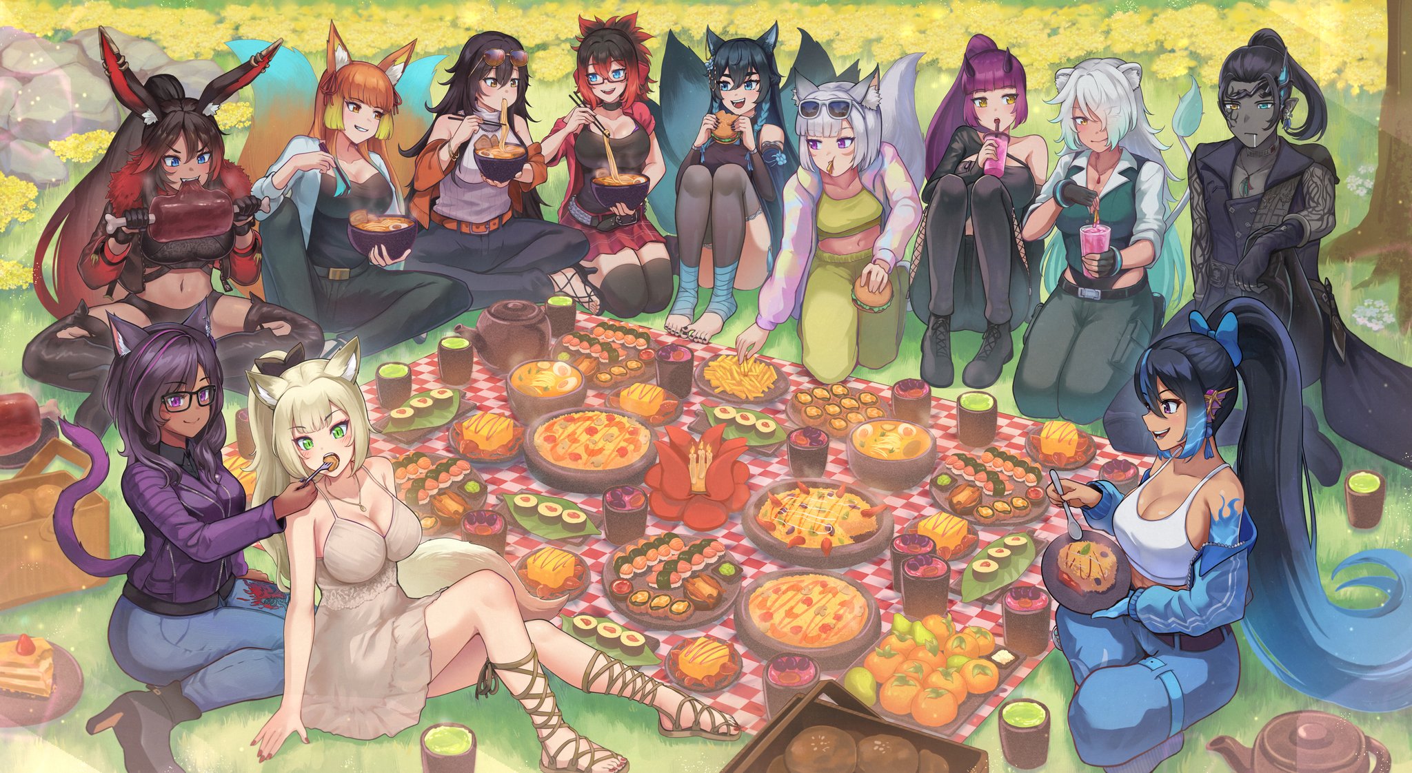 ardora (spartosmindset), catyla (bird8700), kirih shiraishi (sword scream), o'sha (ltxaesthetic), rei (freezeflamefox), reiha w. kresnik (reizeeb), sera (judgemint), tsubaki (powercrasher2), vivian grimelka (siverstorm), warrior of light (ff14), final fantasy, final fantasy xiv, original, character request, commentary, commission, english commentary, highres, 1boy, 6+girls, animal ear fluff, animal ears, aqua vest, bandaged foot, bandages, black hair, black horns, black shirt, blonde hair, blue bow, blue eyes, blue hair, blue jacket, blue pants, blue skin, blue tail, blunt bangs, blunt sidelocks, boned meat, bow, bowl, breasts, burger, cat ears, cat girl, cat tail, chopsticks, cleavage, collared shirt, colored skin, cup, dark-skinned female, dark skin, dress, eating, ema (shipsinfloat), eyewear on head, feeding, finaen (amfinaen), food, fox ears, fox girl, fox tail, french fries, fruit, glasses, gradient hair, gradient tail, grass, green eyes, green pants, green tea, grey hair, grey skin, grey tail, hair bow, hair over one eye, heterochromia, high heels, holding, holding bowl, holding burger, holding chopsticks, holding food, holding spoon, horns, indian style, jacket, large breasts, lion ears, lion girl, lion tail, long hair, makizushi, mandarin orange, meat, midriff, miqo'te, miso soto0610, multicolored hair, multicolored skin, multiple girls, noodles, off shoulder, open clothes, open jacket, orange-tinted eyewear, orange hair, orange jacket, orange tail, pants, picnic, picnic blanket, pointy ears, ponytail, purple eyes, purple hair, purple jacket, purple streaks, purple tail, rabbit ears, rabbit girl, ramen, red hair, rock, sandals, seiza, shirt, sidelocks, single bare shoulder, sitting, sleeveless, sleeveless dress, sleeveless jacket, smile, spoon, sushi, tail, tank top, tea, teacup, teapot, tinted eyewear, tree, two-tone skin, v-shaped eyebrows, very long hair, vest, white shirt, white tank top